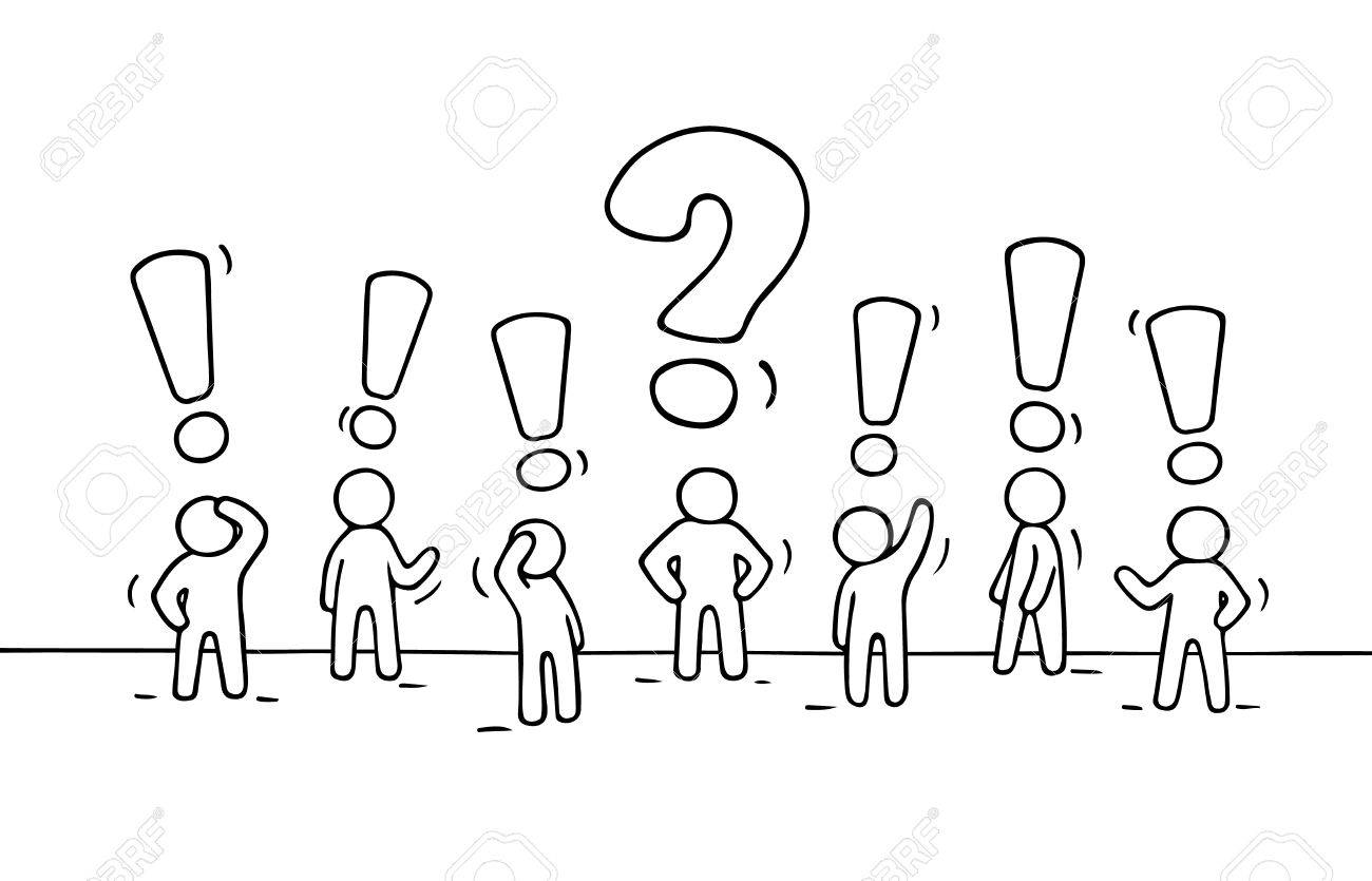 sketch crowd of working little people with question sign and team work questions