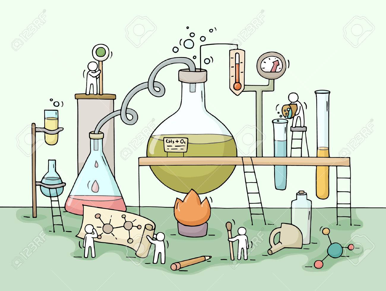 sketch of chemical experiment with working little people beaker