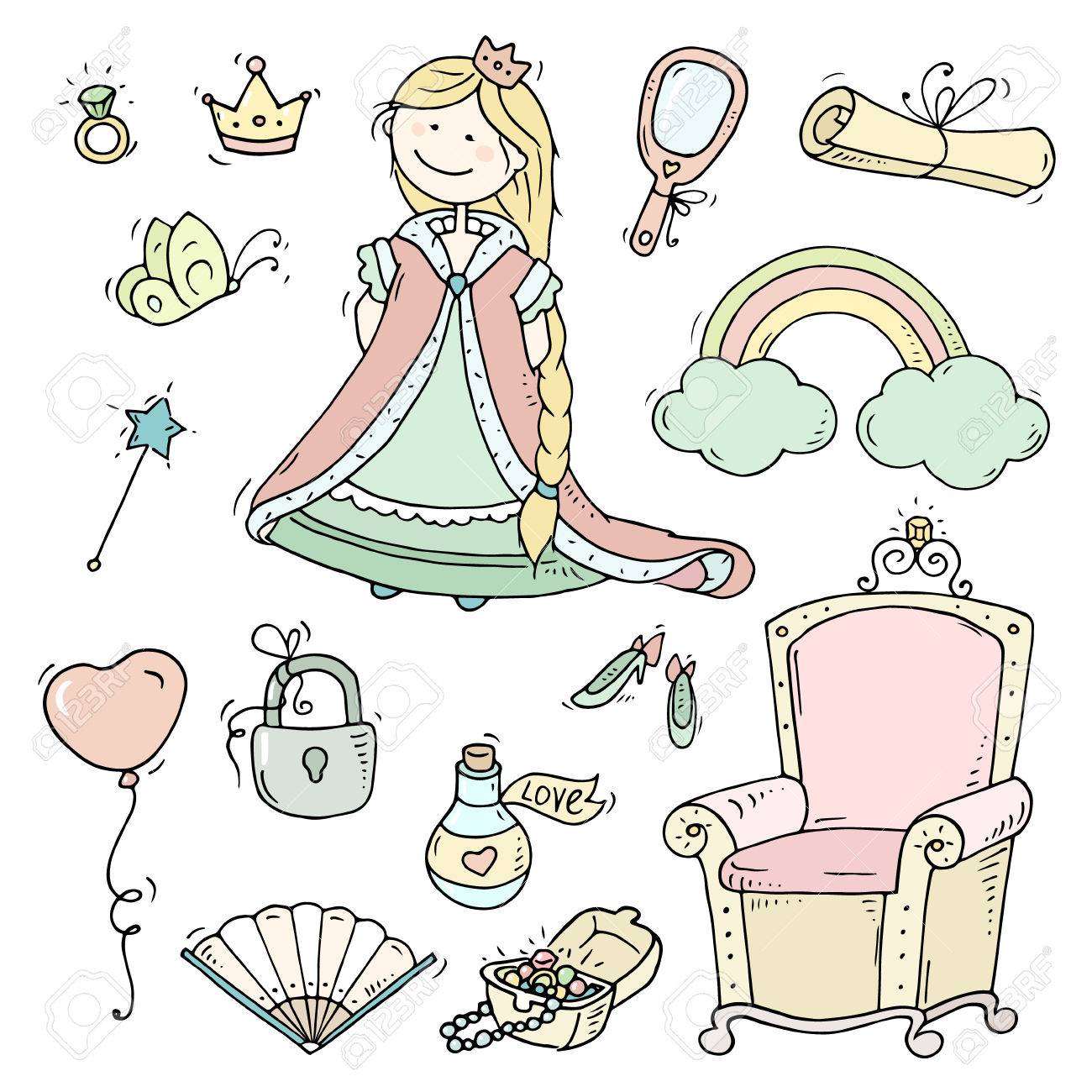 かわいい漫画王位 ジュエリー クラウン プリンセス コレクション 子供のためのおとぎ話を落書き 手描き のベクトル図が白で隔離 すべてのオブジェクトがグループ化されます のイラスト素材 ベクタ Image