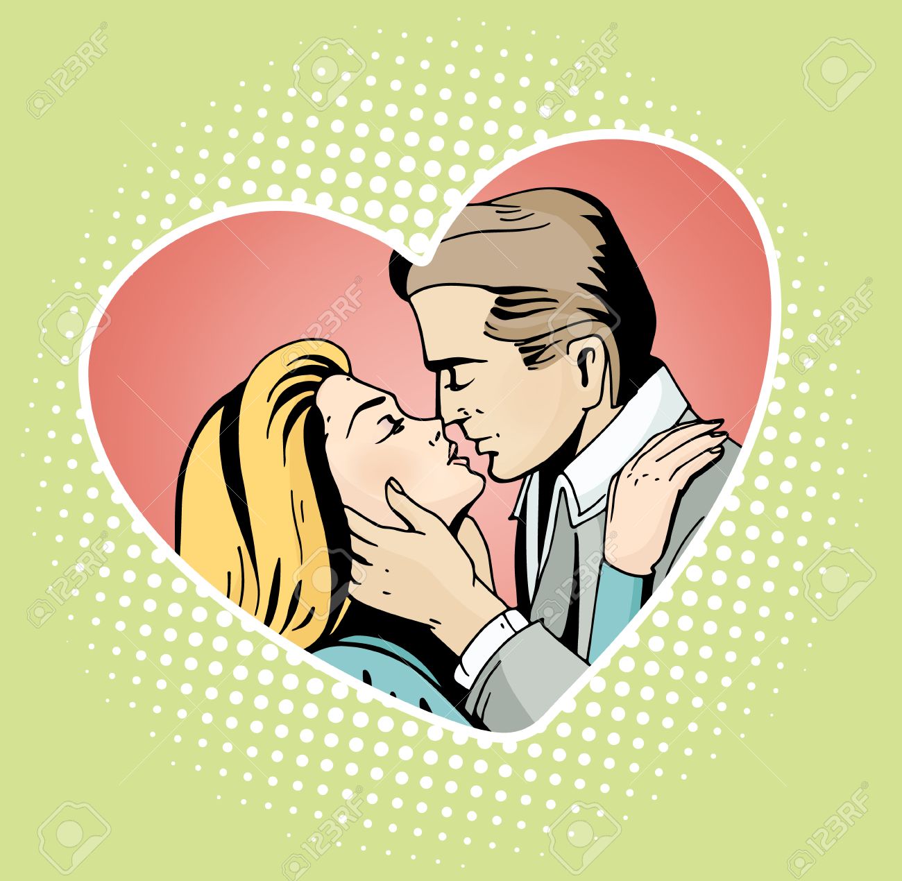 El Arte Pop Y Bella Mujer Besa Al Hombre De Dibujos Animados