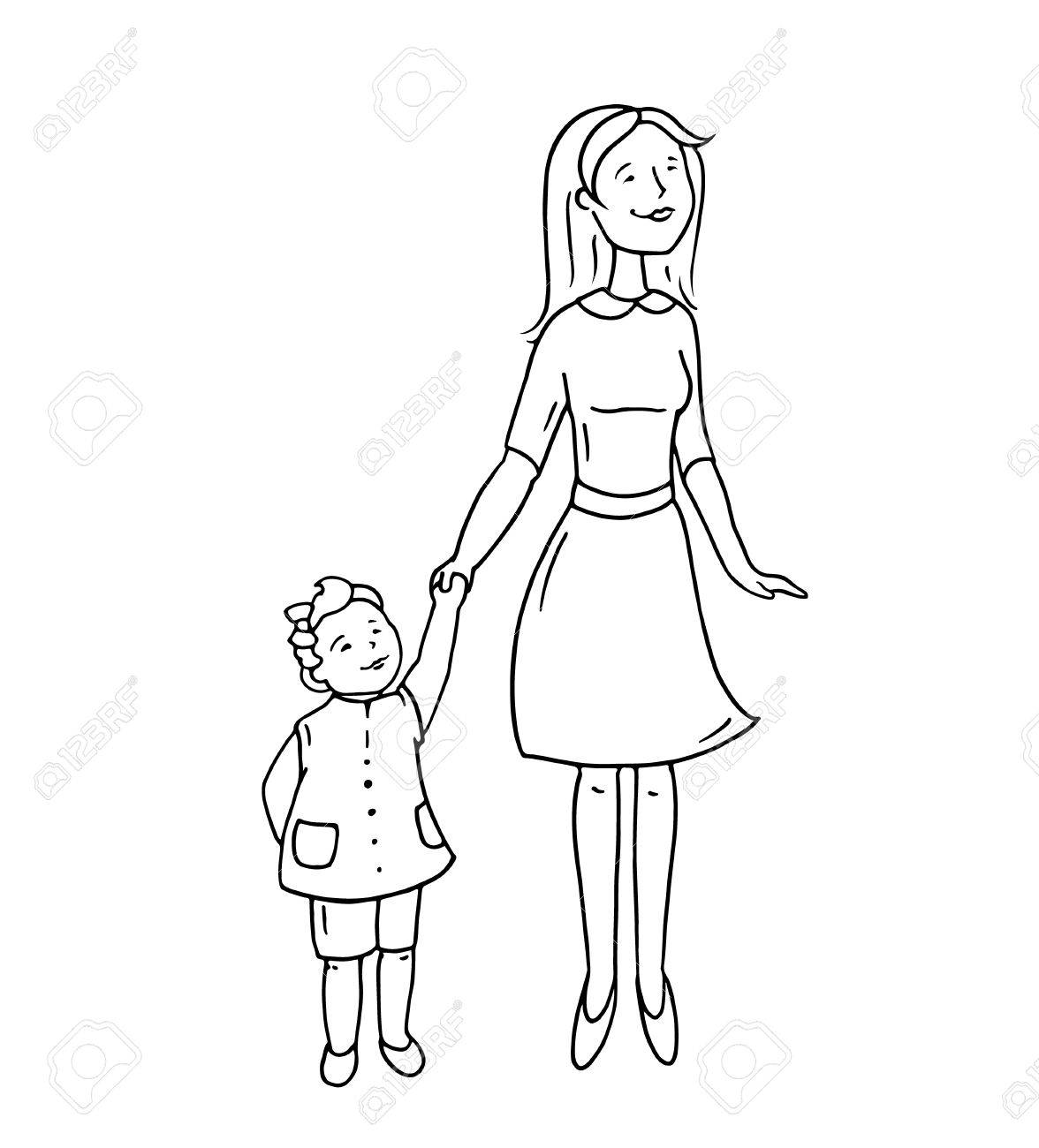 Gluckliche Susse Eltern Und Kind Zusammen Stehen Cartoon Doodle Mutter Und Kleine Dauther Lachelnd Hand Gezeichnet Familie Vektor Illustration Isoliert Auf Weissem Hintergrund Lizenzfrei Nutzbare Vektorgrafiken Clip Arts Illustrationen Image