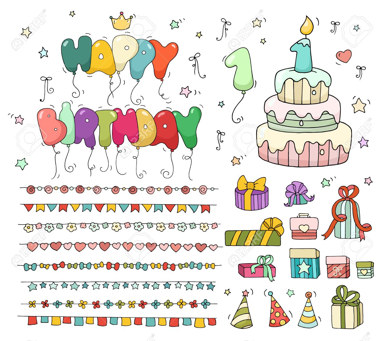 cute colorful birthday set cartoon birthday cake with candle colorful birthday invitations