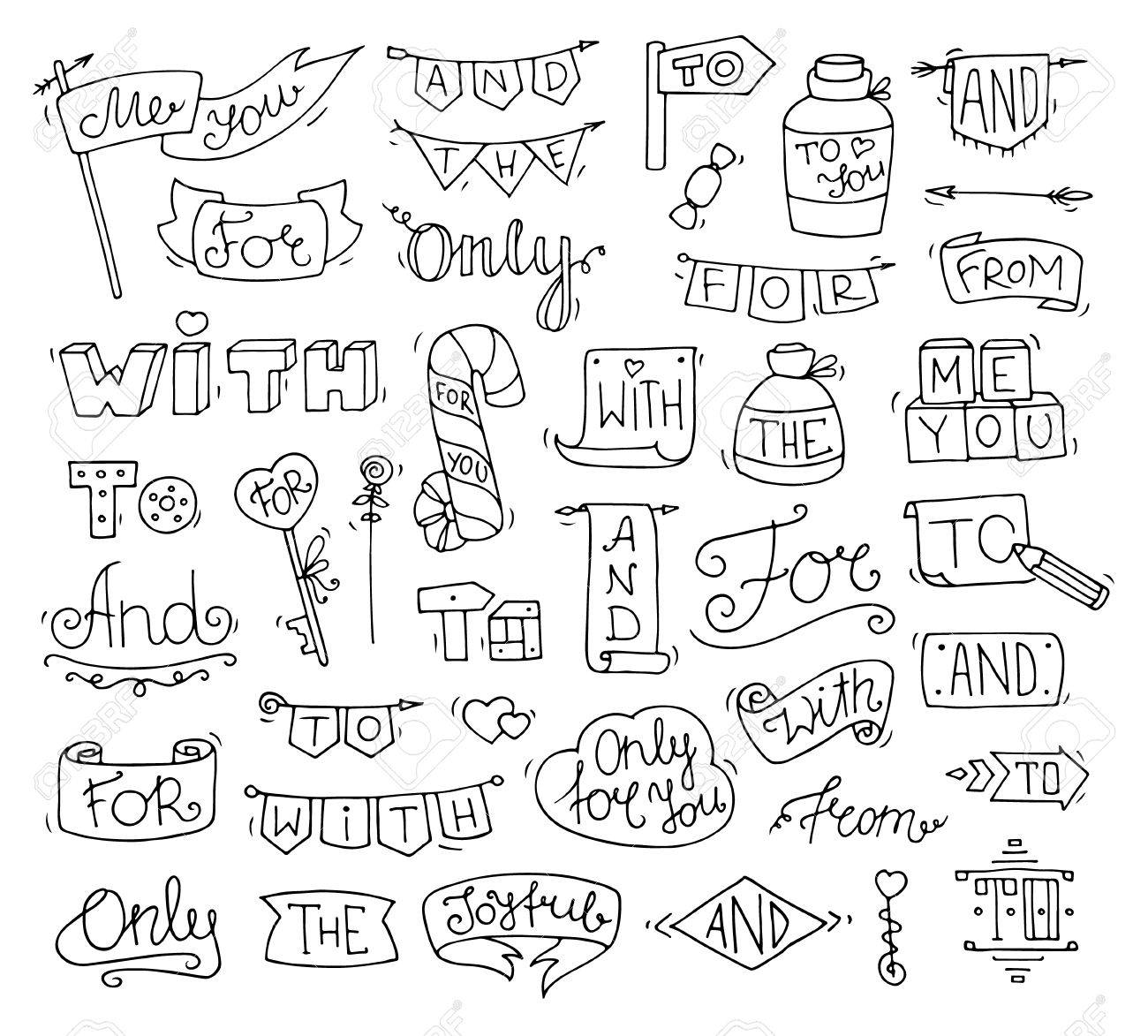 Gekritzel Kalligraphische Lustige Catchwords Stellte Fur Romantischen Entwurf Mit Netten Objekten Ein Handbeschriftung Worte Und Mit Fur Von Die Zu Nur Hand Gezeichnet Retro Vektor Illustration Isoliert Auf Weissem Hintergrund Lizenzfrei Nutzbare