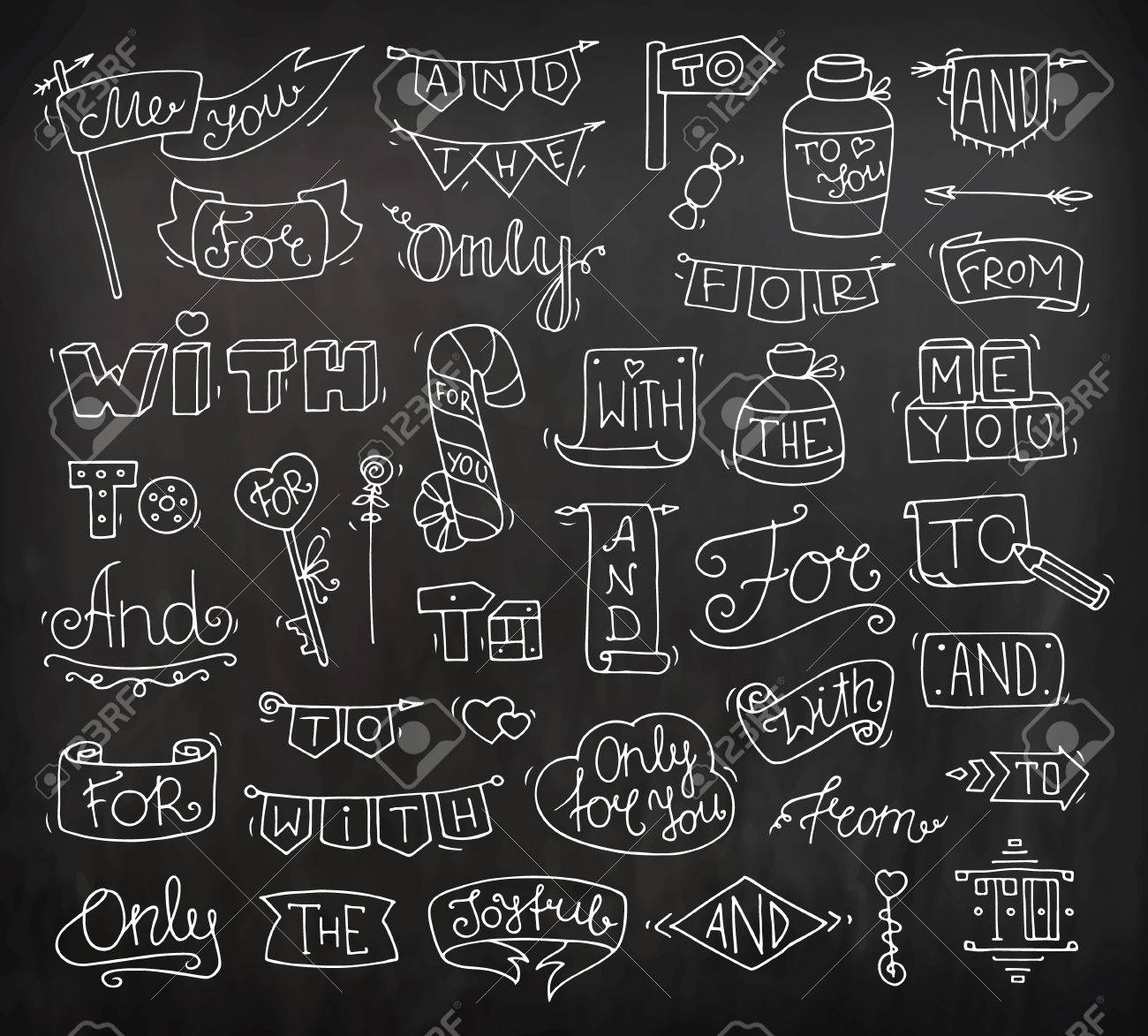 Gekritzel Kalligraphische Lustige Catchwords Stellte Fur Romantischen Entwurf Mit Netten Objekten Ein Handbeschriftung Worte Und Mit Fur Von Die Zu Nur Hand Gezeichnet Retro Vektor Illustration Isoliert Auf Tafel Lizenzfrei Nutzbare