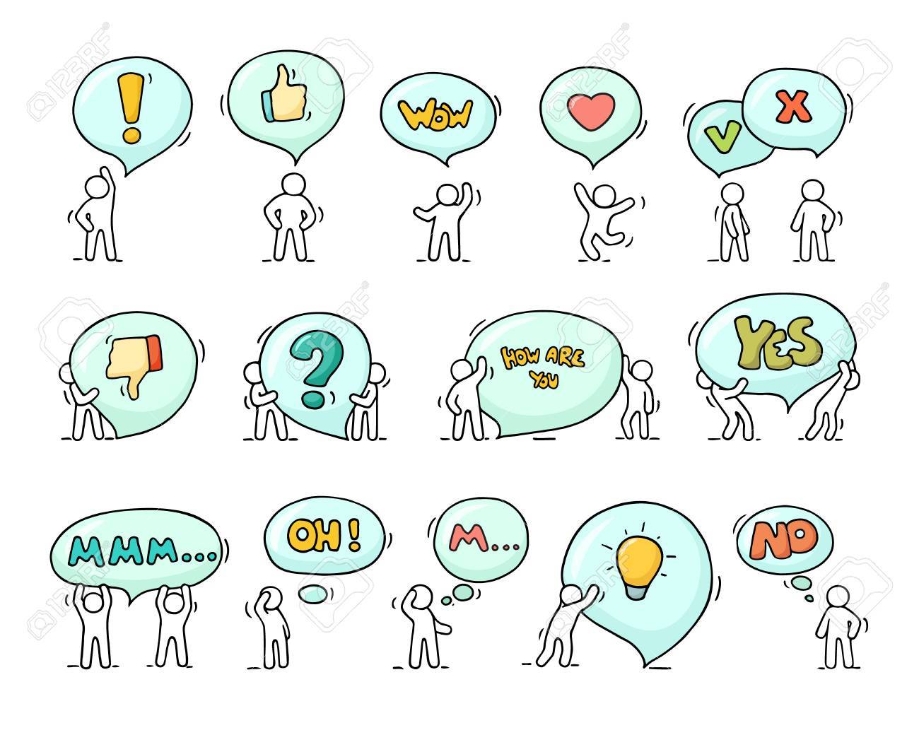 吹き出しアイコン小さな人々 にセットします 落書きチャット雲と労働者のかわいいミニチュア シーン 手は ソーシャル デザインの漫画イラストを描かれました のイラスト素材 ベクタ Image