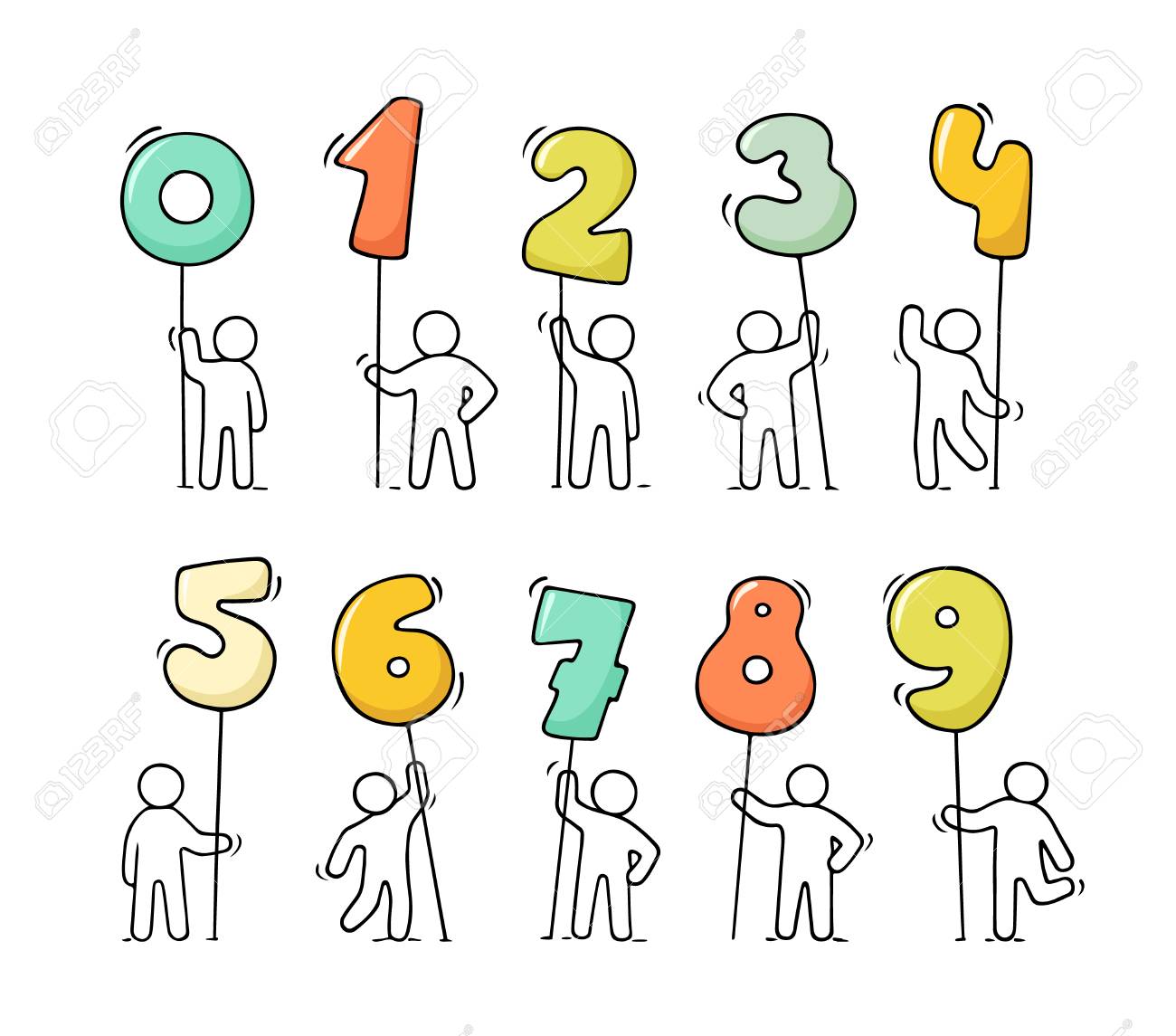 漫画のアイコン セットは 数字とほとんどの人々 をスケッチします 数学と落書きかわいい労働者 手描きデザイン教育のためのベクトル図です のイラスト素材 ベクタ Image