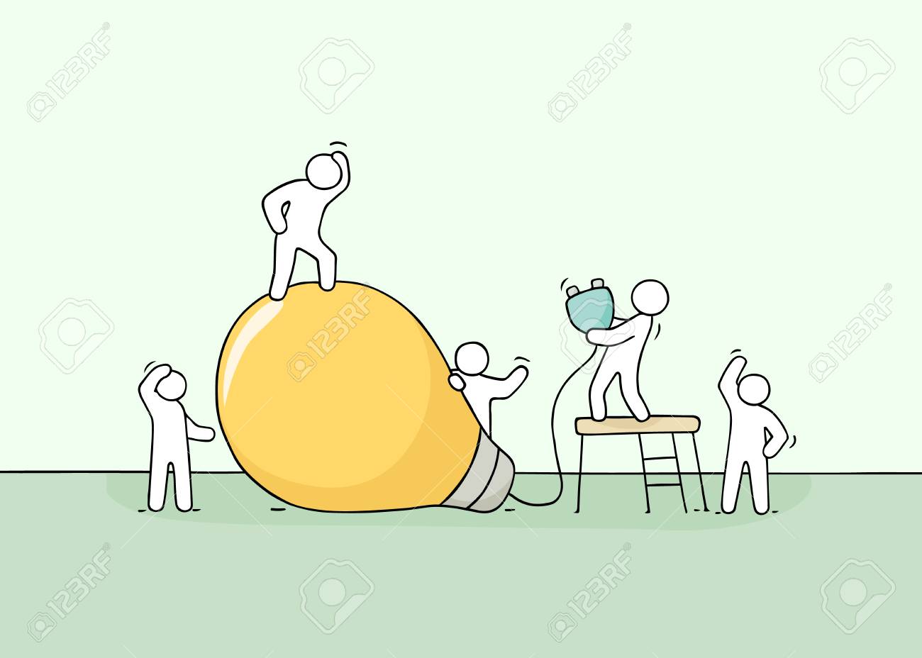 Doodle cute miniature scene of workers with lamp idea. Sketch concept about creative. Hand drawn cartoon vector illustration for business design. - 110488319 Doodle cute miniature scene of workers with lamp idea. Sketch concept about creative. Hand drawn cartoon vector illustration for business design. - 110488319