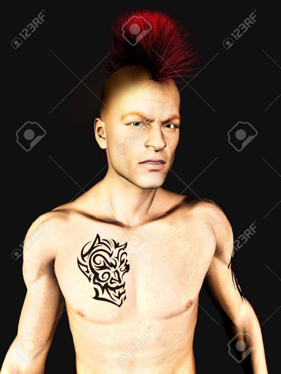 Ein Männlicher Punk-Rocker Mit Einer Mohawk Haare Und Eine Tätowierung Auf  Seinem Arm Und Brust. Lizenzfreie Fotos, Bilder und Stock Fotografie. Image  3092944.