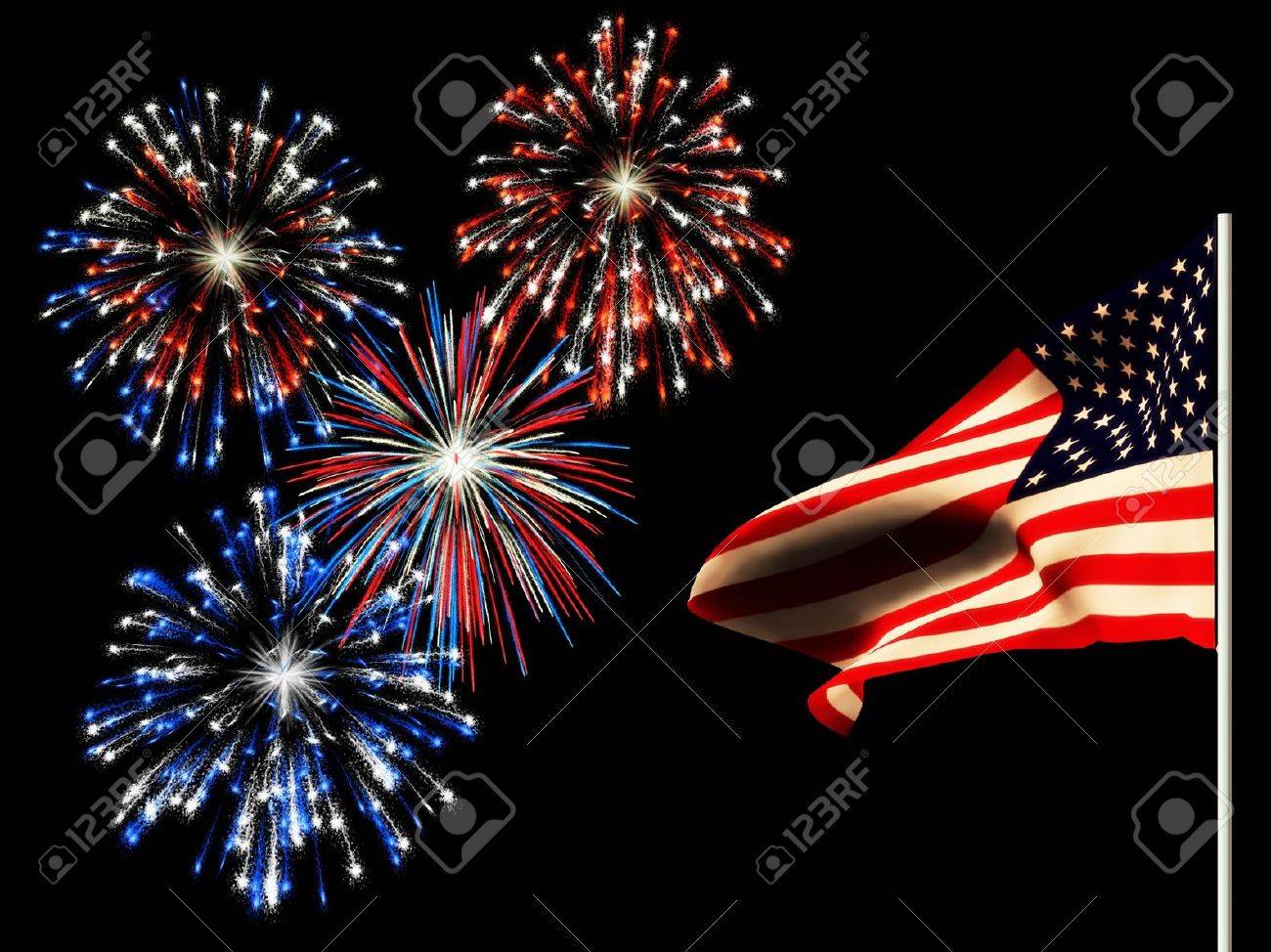 Fireworks On The 4th Of July And The American Flag Stock Photo