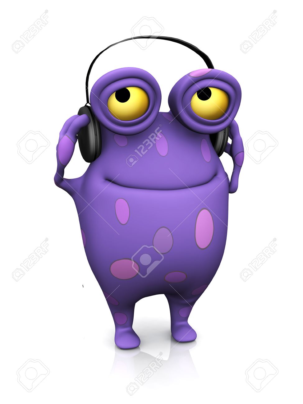 Un Monstruo De Dibujos Animados Encantadora Linda De Escuchar Musica En Los Auriculares Que Se Compro Para El Monstruo Es De Color Morado Con Manchas Grandes El Fondo Blanco Fotos Retratos Imagenes