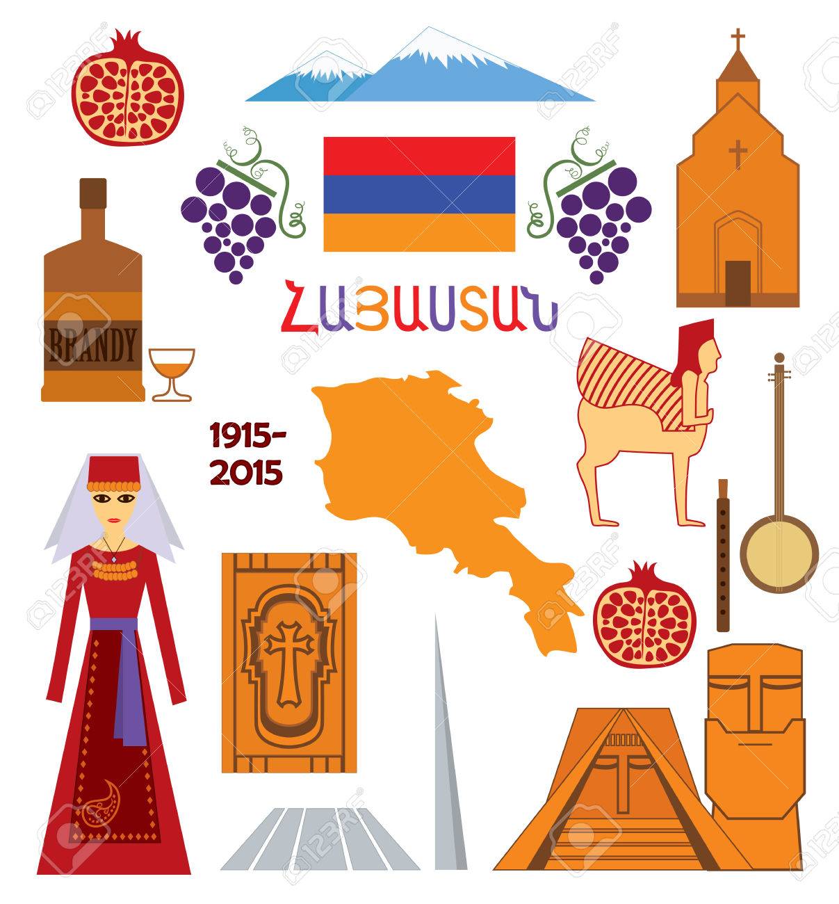 Voyage En Armenie Ensemble D Icones Colorees Avec Des Symboles Armeniens Carte Drapeau Ararat De Montagne Clip Art Libres De Droits Vecteurs Et Illustration Image 37672559