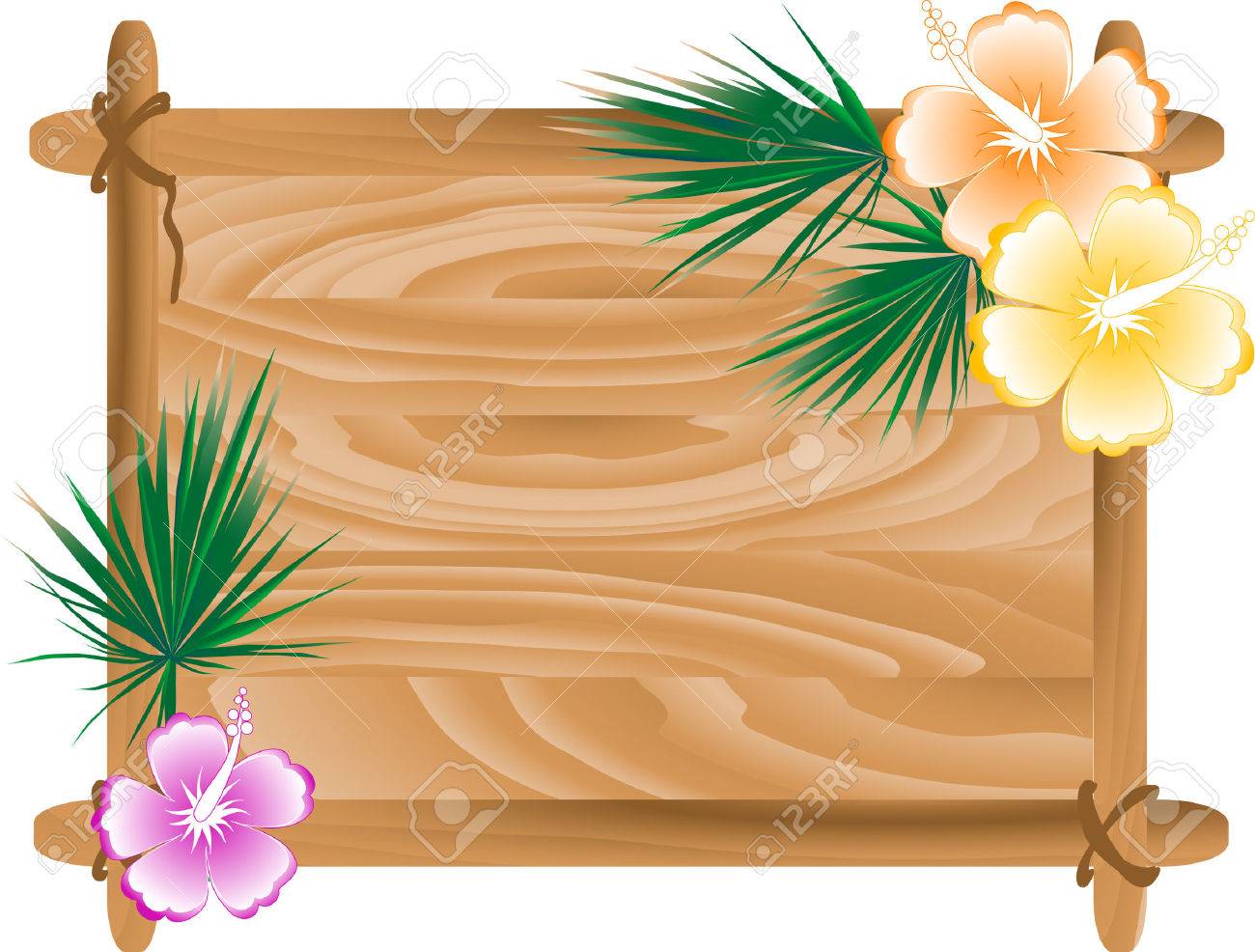 Wooden Frame With Hibiscus And Palm Tree Leaves Vector Ilration