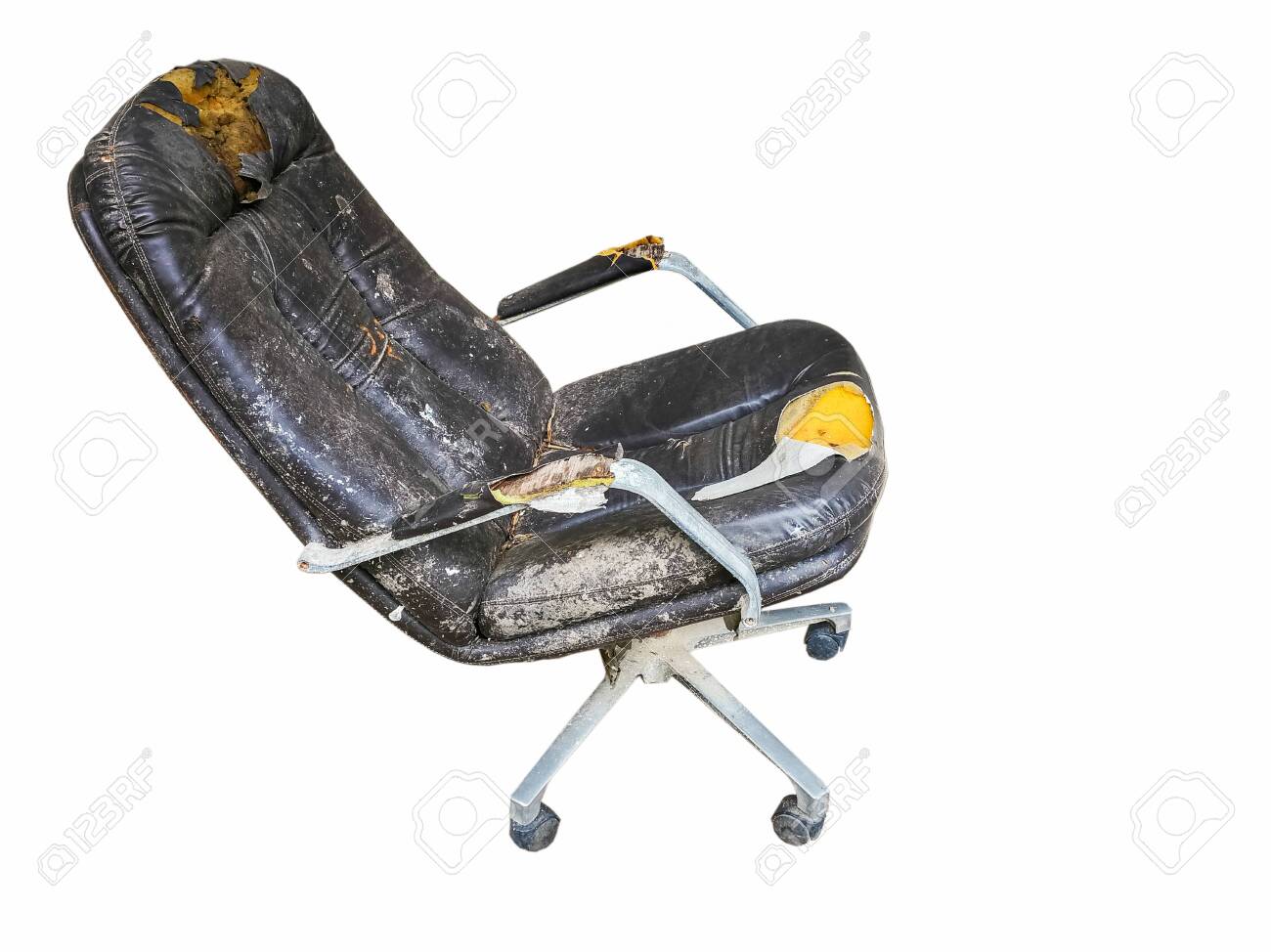 Black Leather Office Chair, Old, Dirty And Damaged. Isolated On White  Background. Stock Photo, Picture and Royalty Free Image. Image 135034350., image size:1300x974