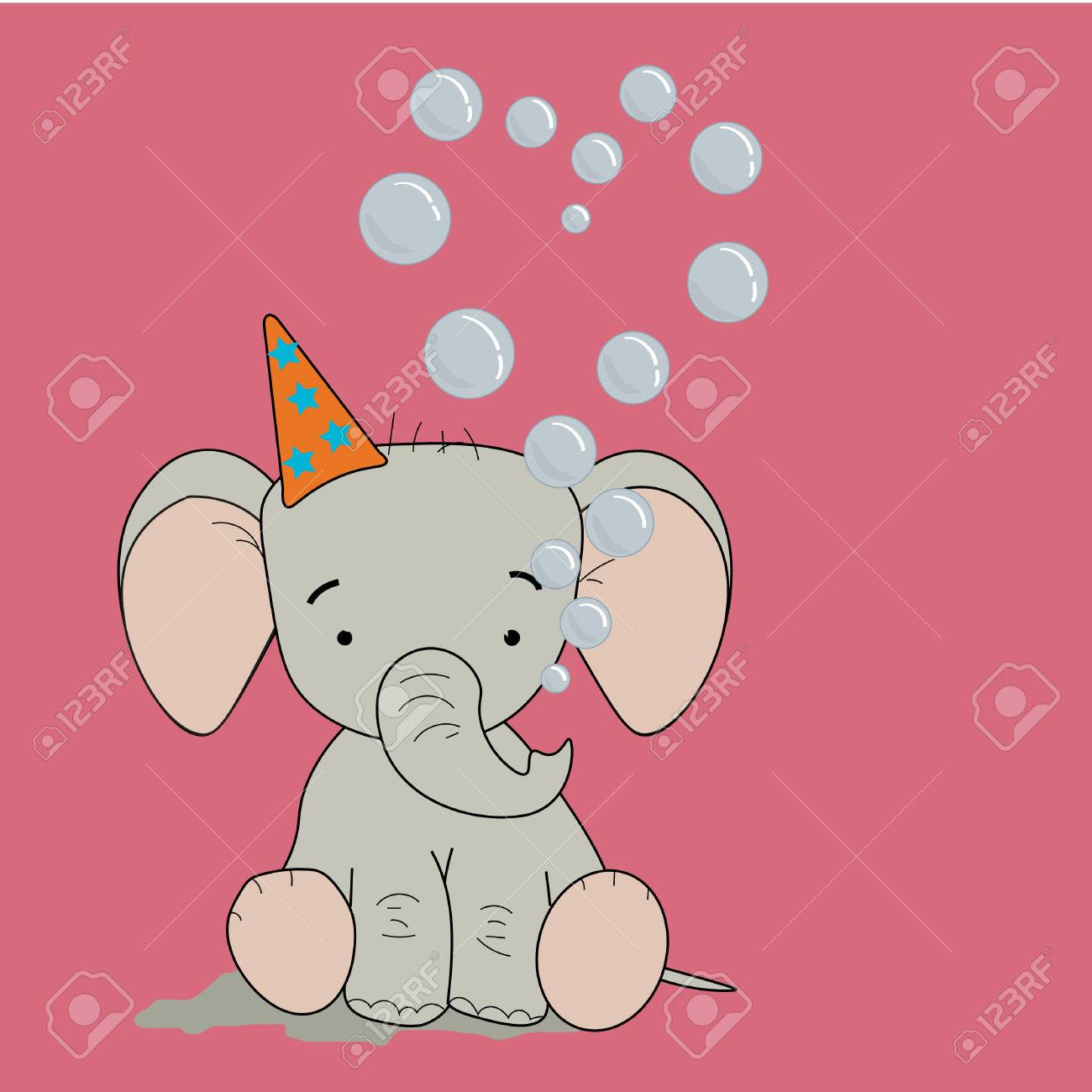 Dessin D Un Bebe Elephant Sur Fond Rose Avec Des Bulles De Coeur Clip Art Libres De Droits Vecteurs Et Illustration Image