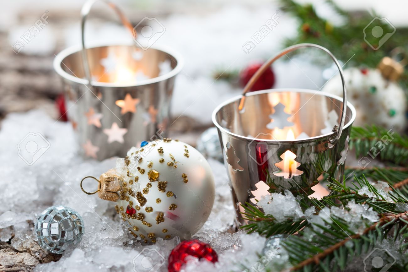 Christmas Decorations With Candles In Small Pails Stock Photo Picture And Royalty Free Image Image 15887598