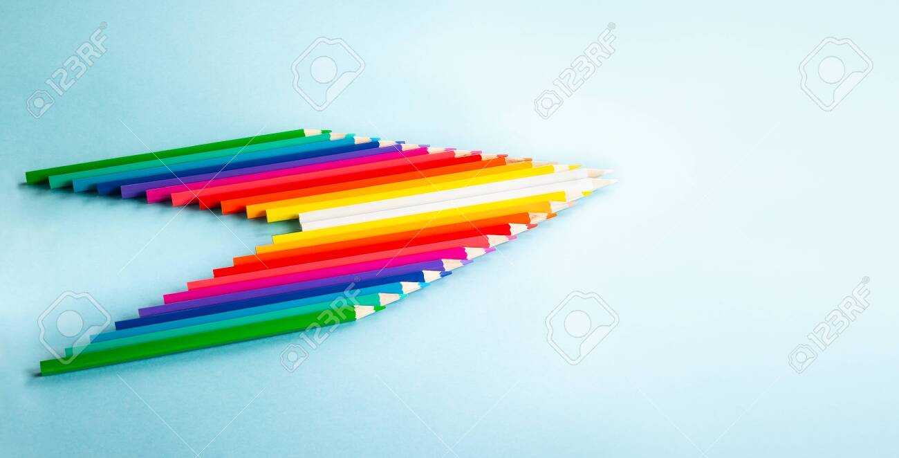 Colour Pencils Set On Light Blue Background With Copy Space Stock