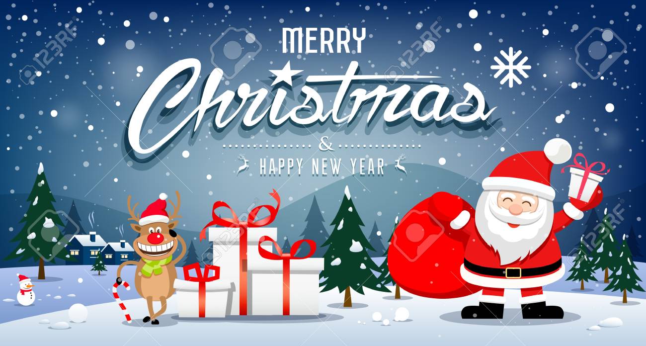 merry christmas banners santa claus and reindeer smile on snowflake merry christmas banners
