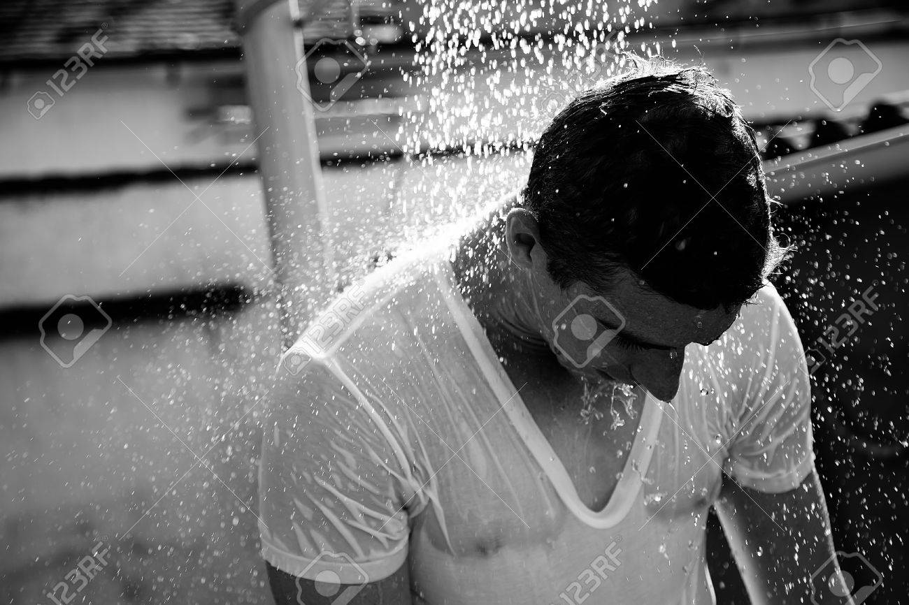 Sad Man Showering Black And White Image