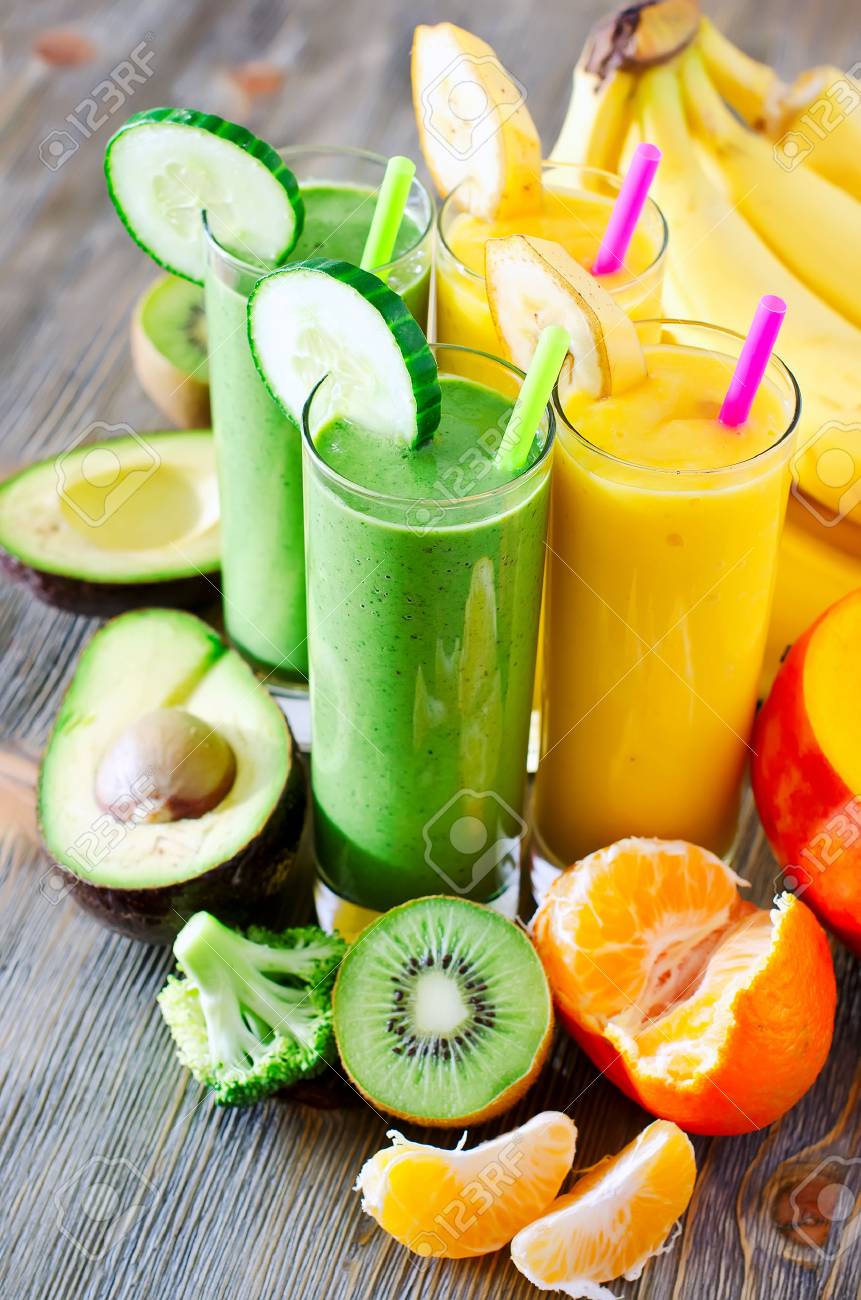 Healthy drink with fruits and vegetables on wooden table - 47448057 Healthy drink with fruits and vegetables on wooden table - 47448057