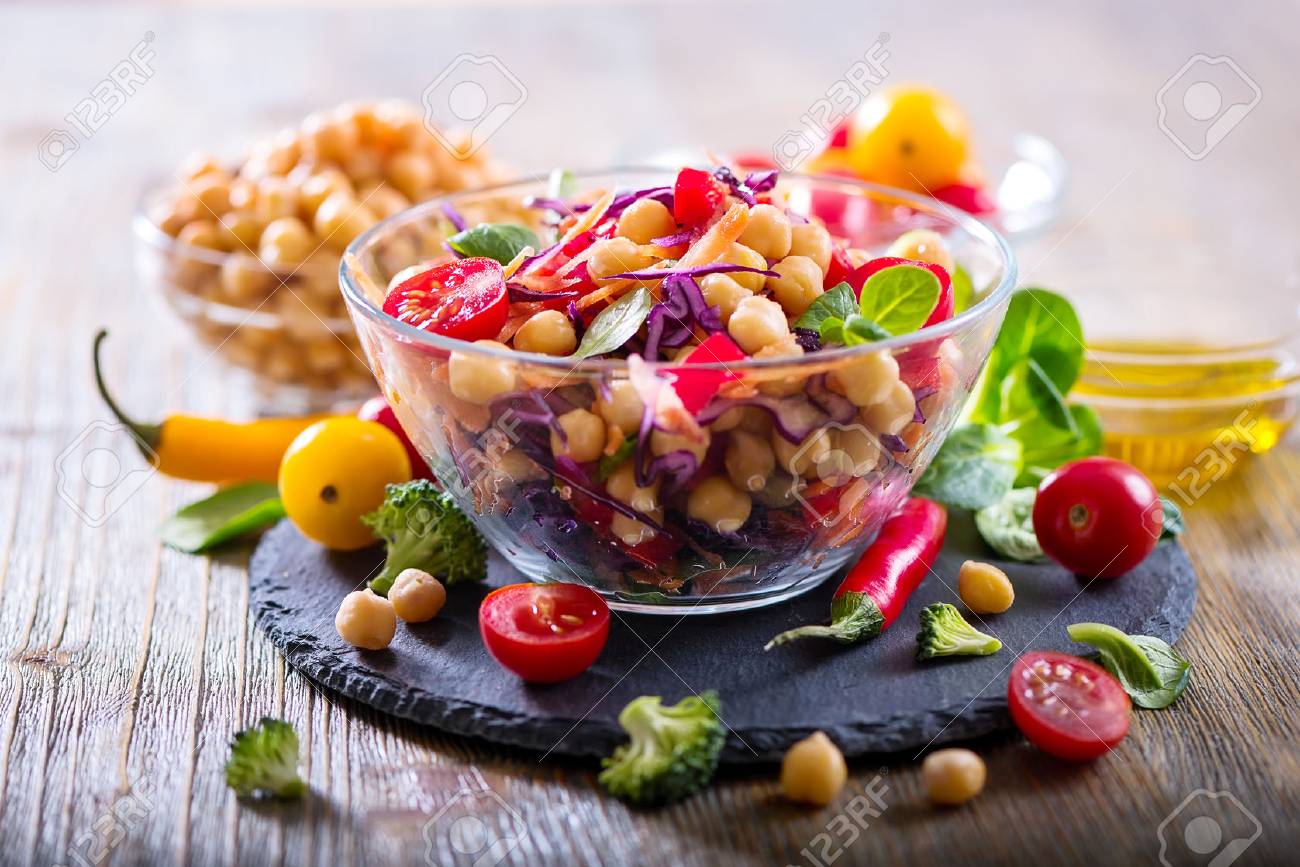 Healthy homemade fresh chickpea and veggies salad, diet, vegetarian, vegan food, vitamin snack - 68791091 Healthy homemade fresh chickpea and veggies salad, diet, vegetarian, vegan food, vitamin snack - 68791091