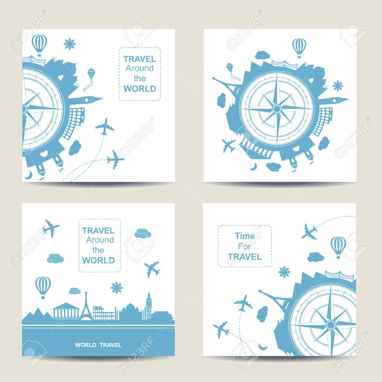 Set of four travel card templates. Square cards. Famouse places. Travel around the world vector illustration. Travelling by plane, airplane trip in various country. Flat icon modern design style poster. Travel banner. Travel agency round icon. - 58733272 Set of four travel card templates. Square cards. Famouse places. Travel around the world vector illustration. Travelling by plane, airplane trip in various country. Flat icon modern design style poster. Travel banner. Travel agency round icon. - 58733272