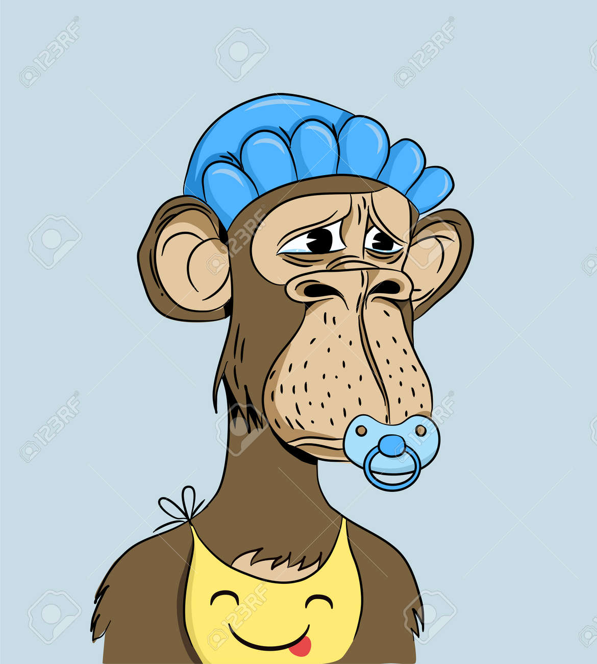 Ape With Bored Cry Face With Pacifier, Cap And Bib. Original Monkey NFT  Artwork. Crypto Graphic Asset. Flat Vector Illustration Isolated On  Background Royalty Free SVG, Cliparts, Vectors, and Stock Illustration.  Image