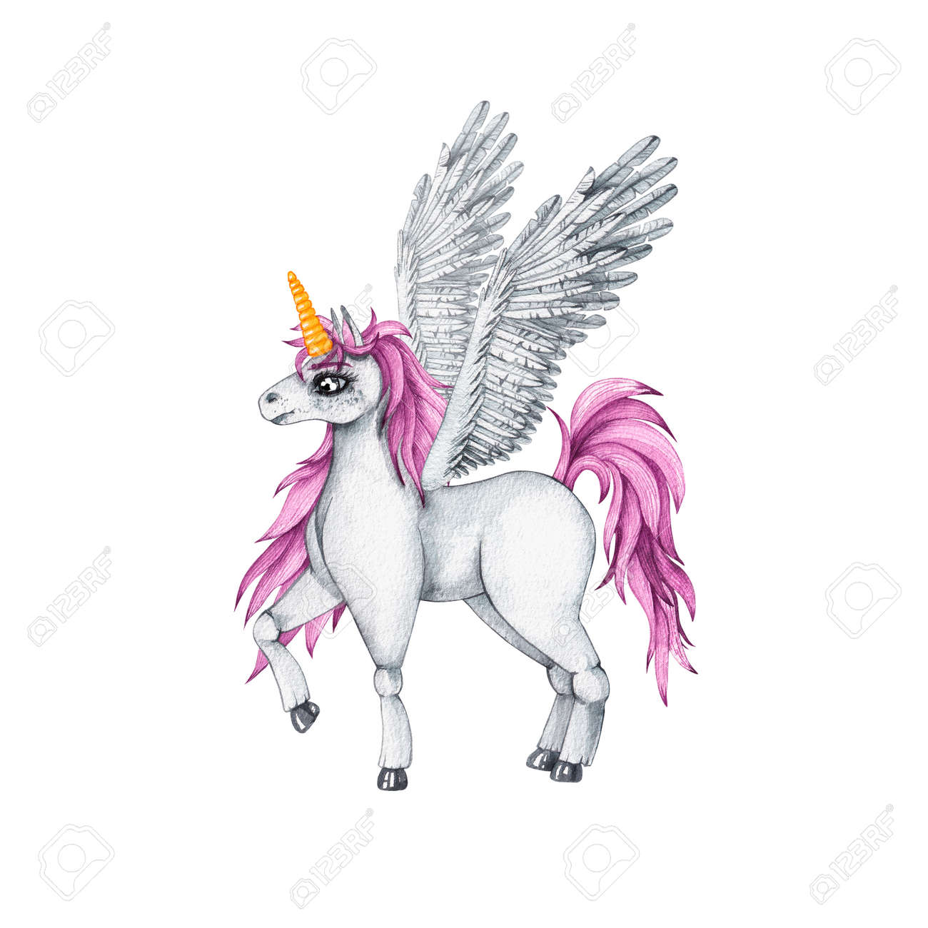 Watercolor Unicorn - Pegasus With Horn And Wings Stock Photo, Picture and  Royalty Free Image. Image 184294473.