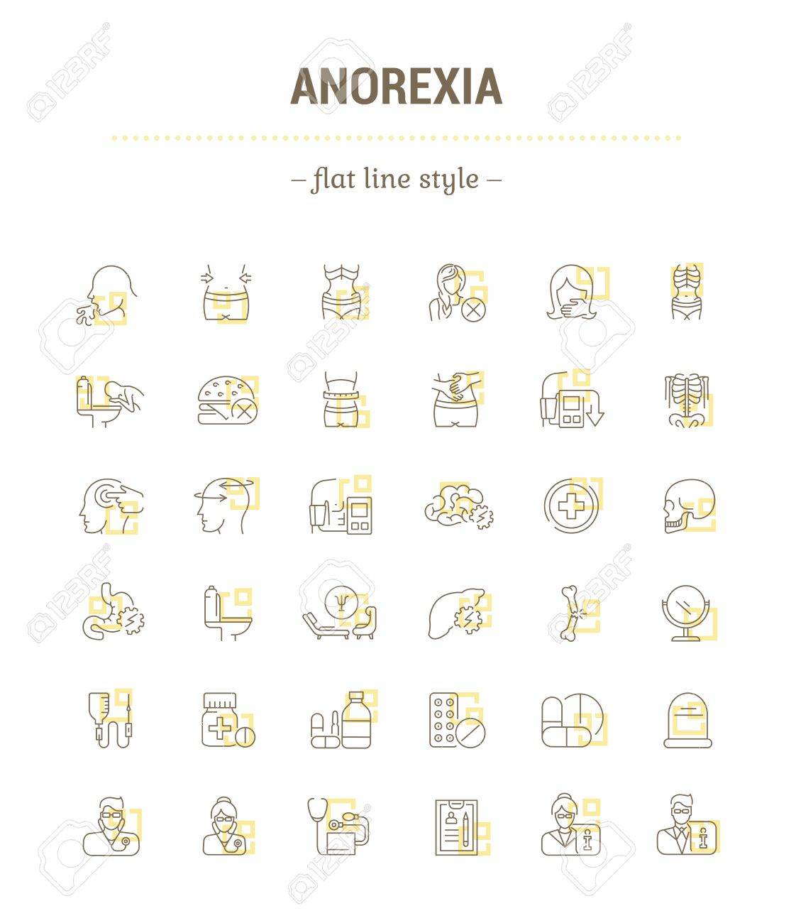 ベクトル グラフィックを設定します フラット 輪郭 薄い 最小限 線形のデザインのアイコン 心理的な病気 嘔吐 体重減少 症状 障害 概念の簡単な分離アイコン サイン シンボル 要素 のイラスト素材 ベクタ Image
