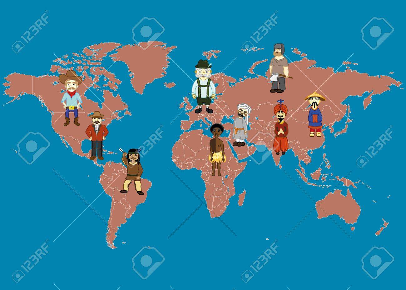Carte du monde et les gens en costumes traditionnels. nations du monde américain, indien, russe, chinois, allemand, arabe, africaine, latino.
