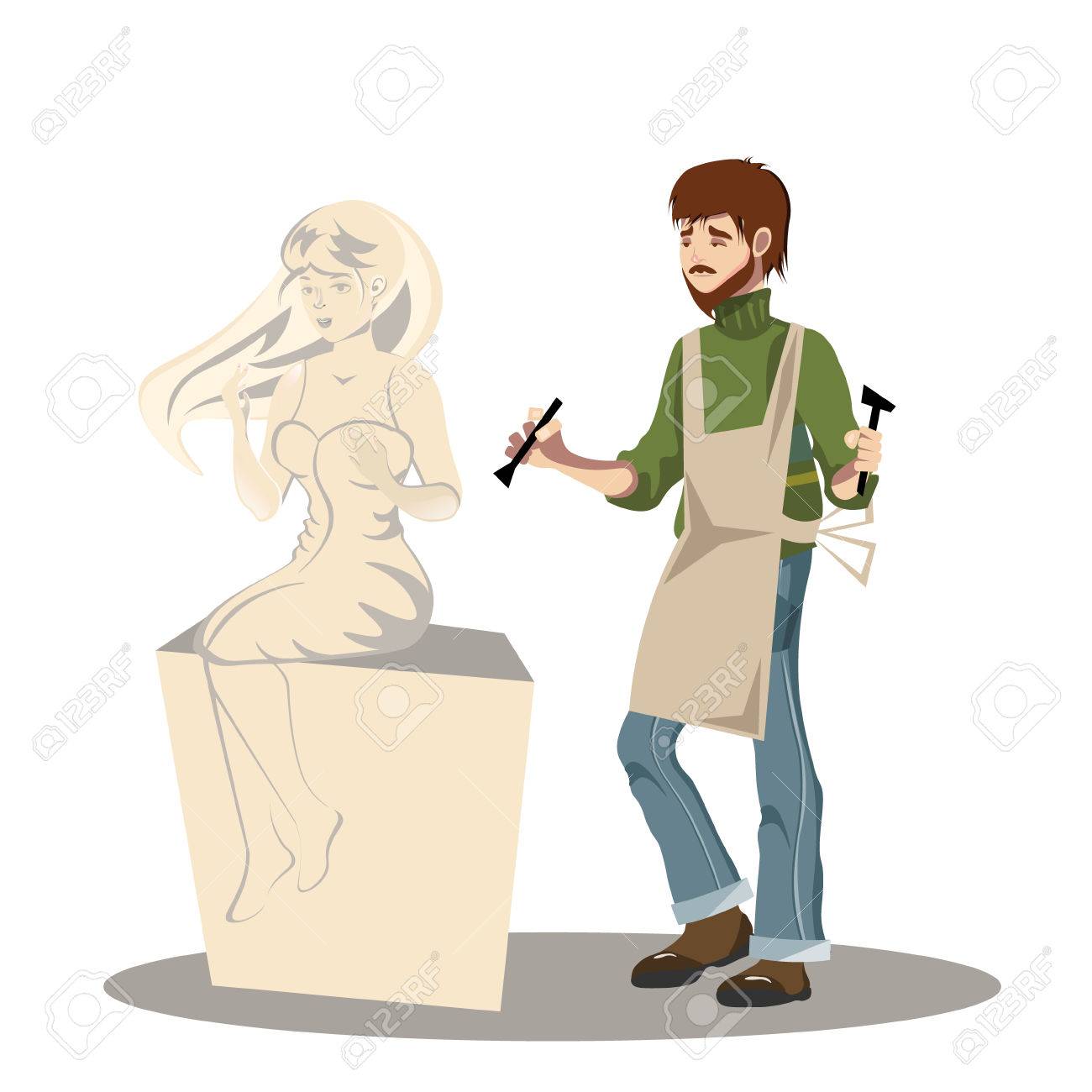 若い男の彫刻家は彼の彫刻に取り組んでいます のイラスト素材 ベクタ Image 若い男の彫刻家は彼の彫刻に取り組んでいます のイラスト素材 ベクタ Image