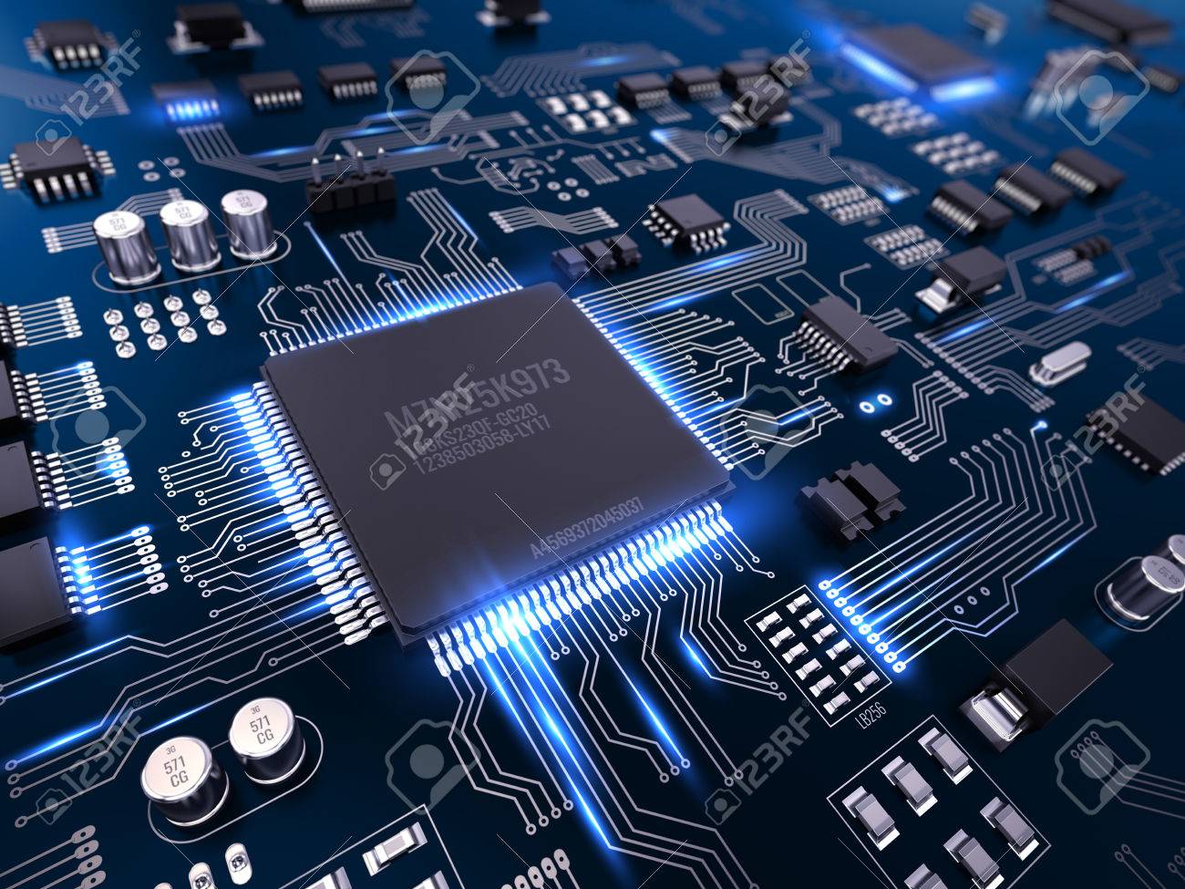 high tech electronic pcb (printed circuit board) with processorhigh tech electronic pcb (printed circuit board) with processor and microchips 3d illustration