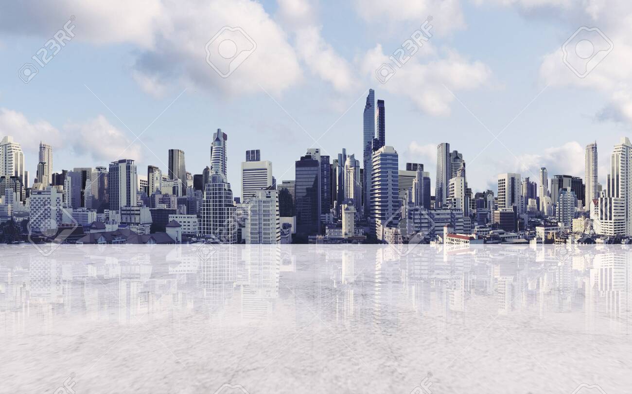 Panoramic city view with empty concrete floor - 132064395 Panoramic city view with empty concrete floor - 132064395