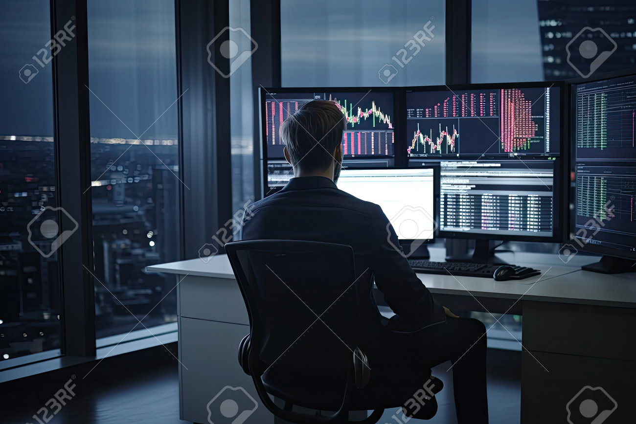 직장에서 증권 거래소 그래프를 분석하는 트레이더는 테이블에 앉아 주식 시장 차트 금융 위기 및 생성 AI로 생성된 인플레이션을 통해  화면을 보고 있는 남자 로열티 무료 사진, 그림, 이미지 그리고 스톡포토그래피. Image 201903342