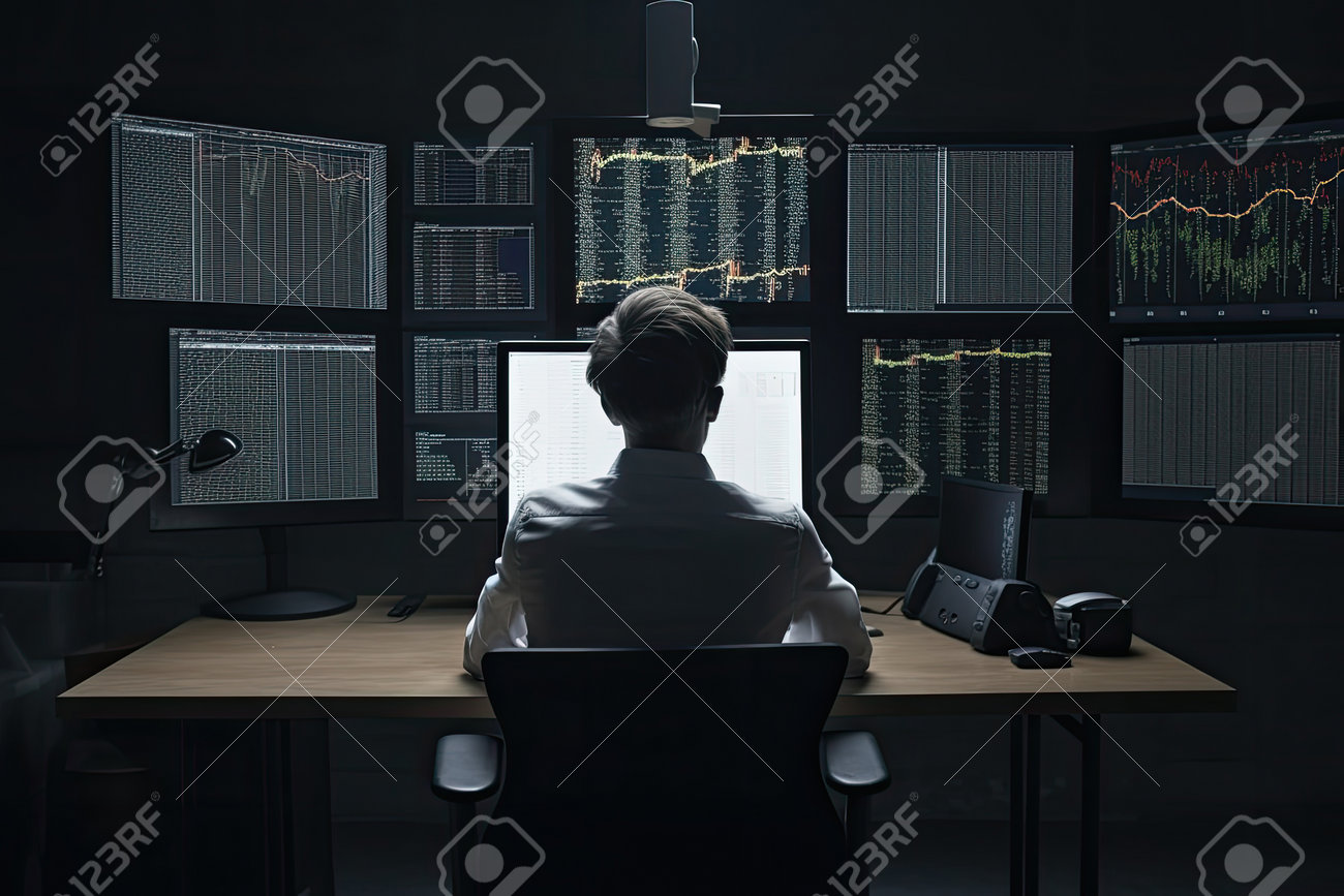 직장에서 증권 거래소 그래프를 분석하는 트레이더는 테이블에 앉아 주식 시장 차트 금융 위기 및 생성 AI로 생성된 인플레이션을 통해  화면을 보고 있는 남자 로열티 무료 사진, 그림, 이미지 그리고 스톡포토그래피. Image 202292918