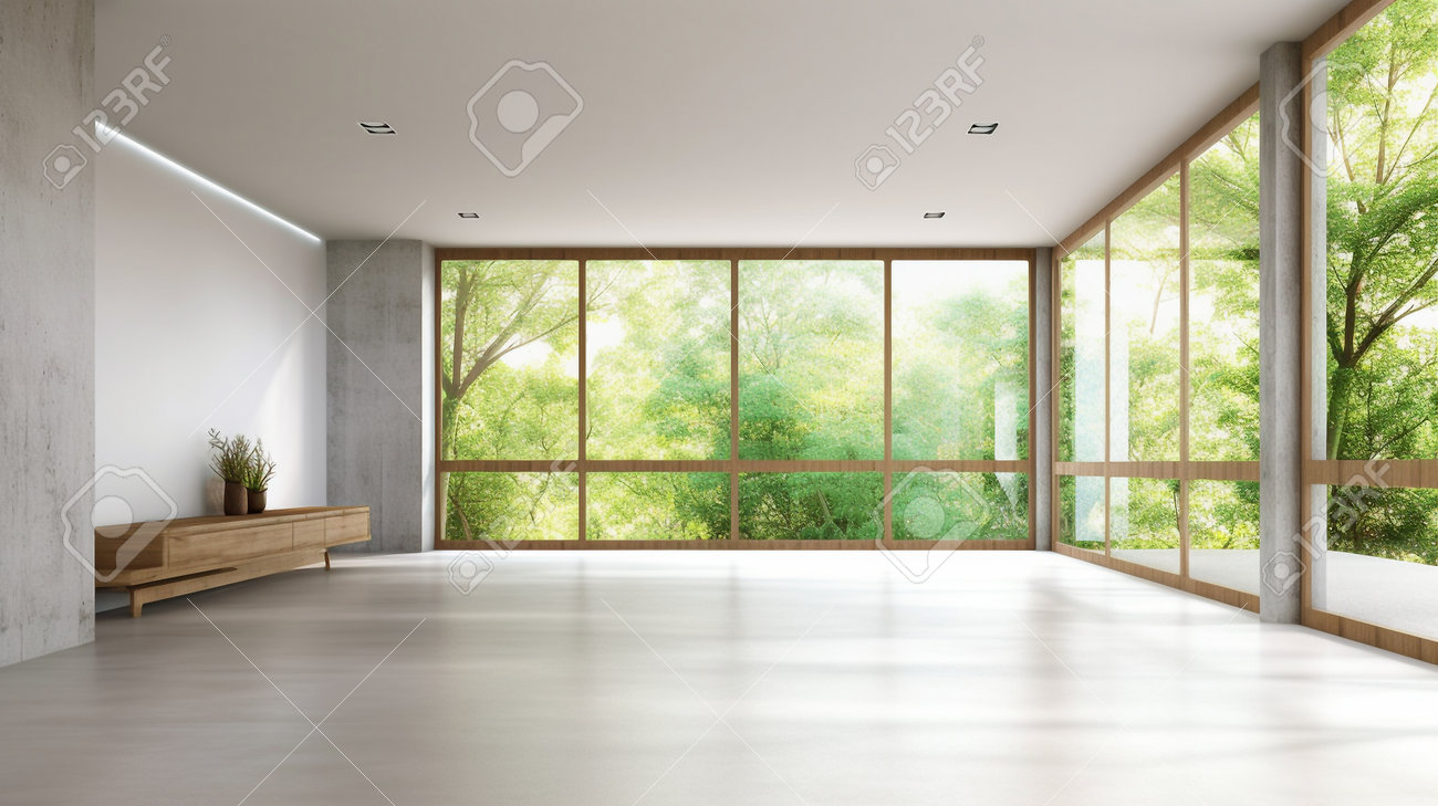 Contemporary Empty Room With A View Of Nature A 3D Rendering Of The Room  With The Living Room In The Background Shows Concrete Floors, Plank  Ceilings, And Blank White Walls For Copy, image size:1300x729