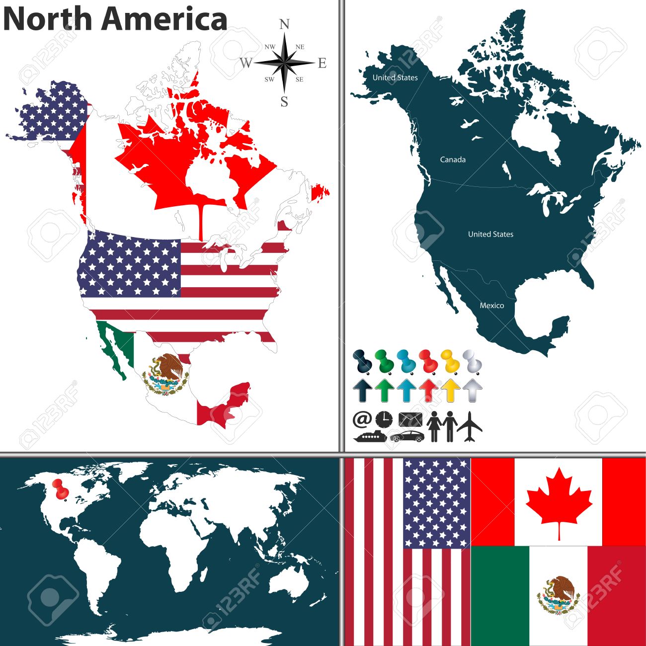 フラグ 世界地図上の位置が北アメリカの地図のイラスト素材 ベクタ Image