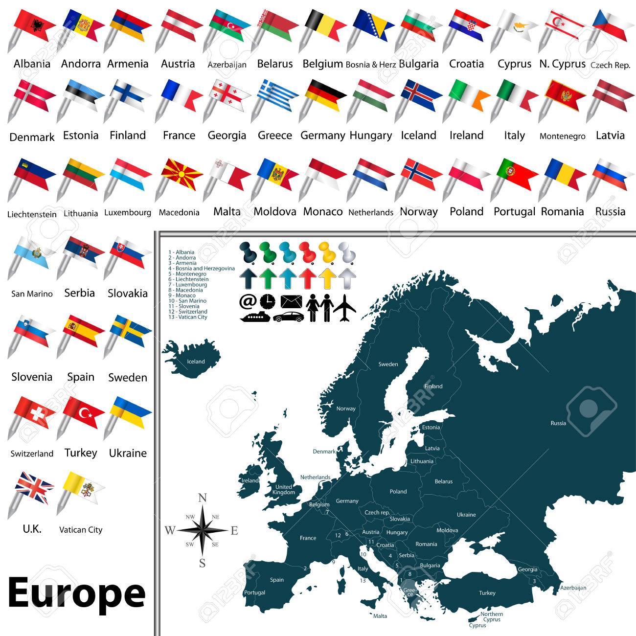 political map of europe set with buttons flags on white background stock vector 37208083