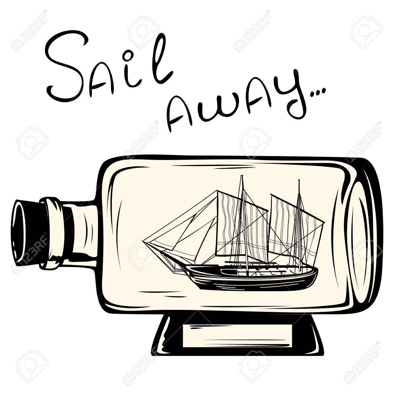 Vector Of Hand Drawn Glass Bottle With Ship Inside And Words