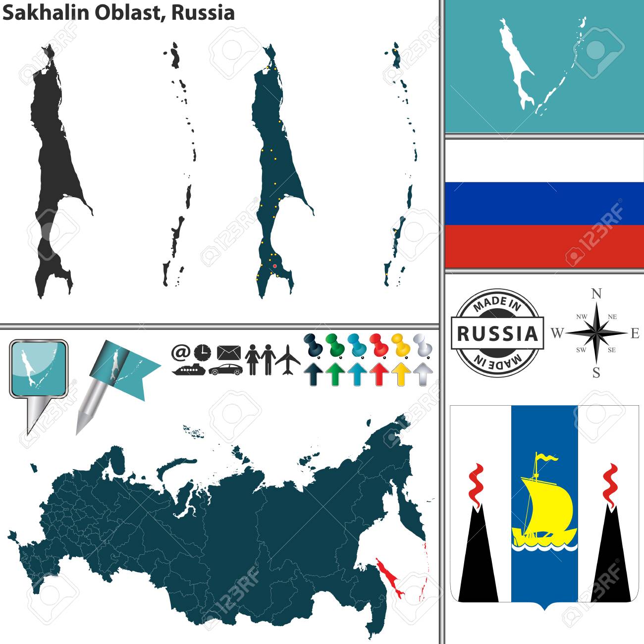 サハリン州の紋章付き外衣 ロシアの地図上の位置のベクトル マップのイラスト素材 ベクタ Image サハリン州の紋章付き外衣 ロシアの地図上の位置のベクトル マップのイラスト素材 ベクタ Image