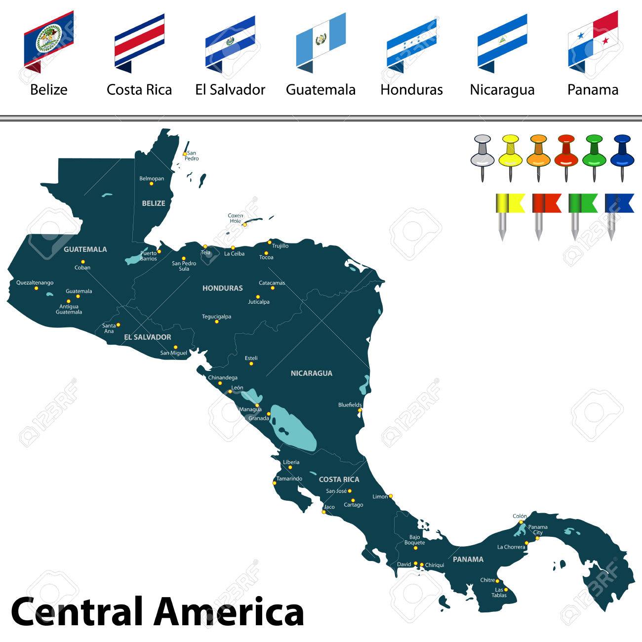 Vector Map Of Central America With Countries, Big Cities And Icons Royalty  Free SVG, Cliparts, Vectors, and Stock Illustration. Image 77017362., image size:1300x1300