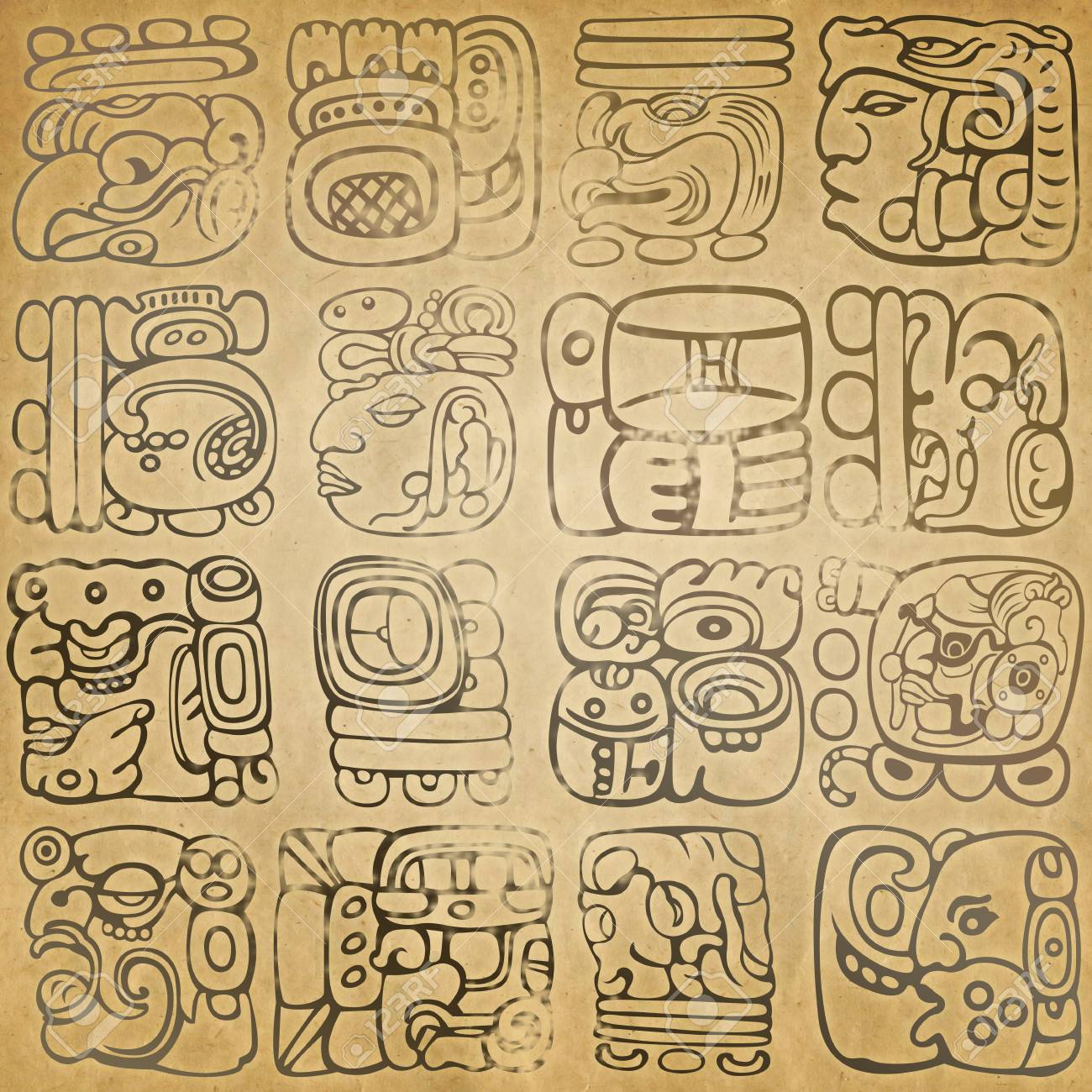 Mayan and aztec glyphs with ancient gods and characters on old paper - 104191466 Mayan and aztec glyphs with ancient gods and characters on old paper - 104191466