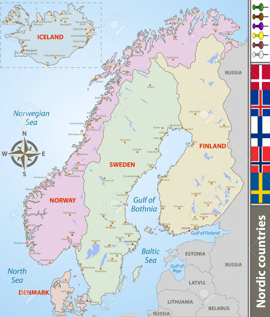 Vector Map Of Nordic Countries With Big Cities And Flags