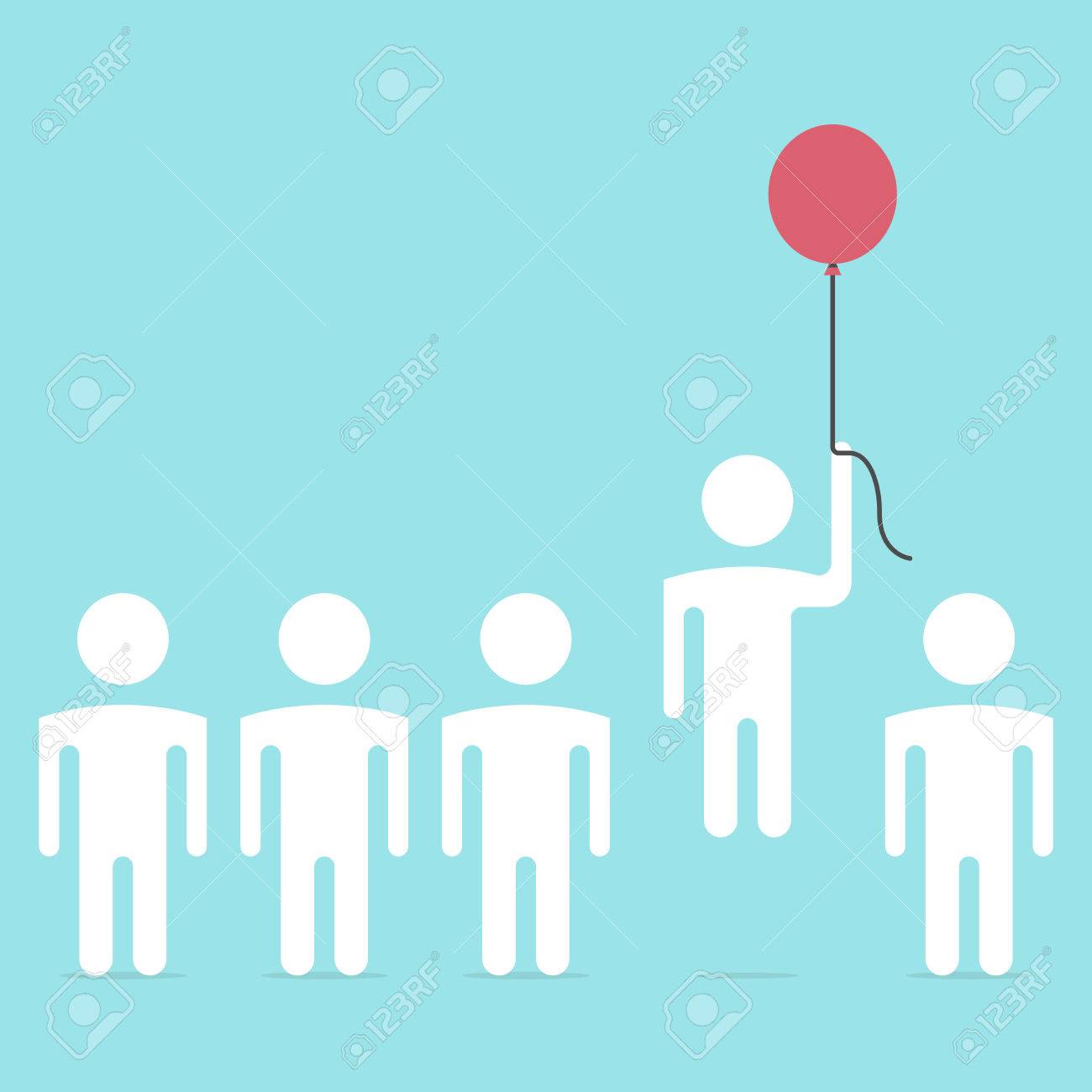 個性的な男が立っている会社から赤い風船で飛んで 創造性 創造的な考えの自由 異なっているとインスピレーションの概念 フラットなデザイン ベクトルの図 Eps 8 透明度なしのイラスト素材 ベクタ Image
