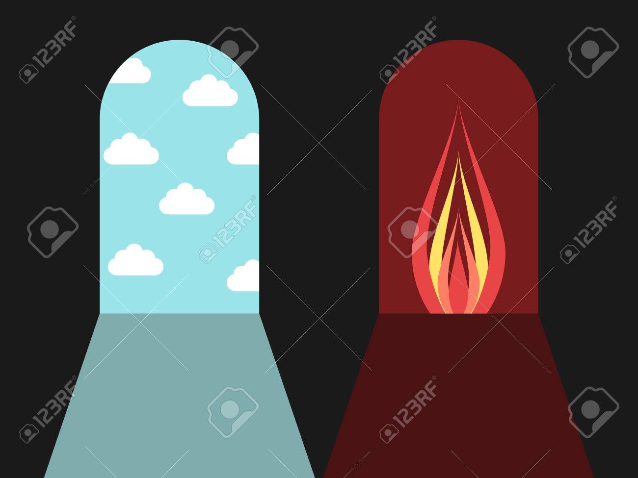 青い空の雲と火が付いて赤い闇につながるドア 地獄と天国 罪と死の概念 フラットなデザイン ベクトルの図 Eps 8 透明度なし のイラスト素材 ベクタ Image 70793900
