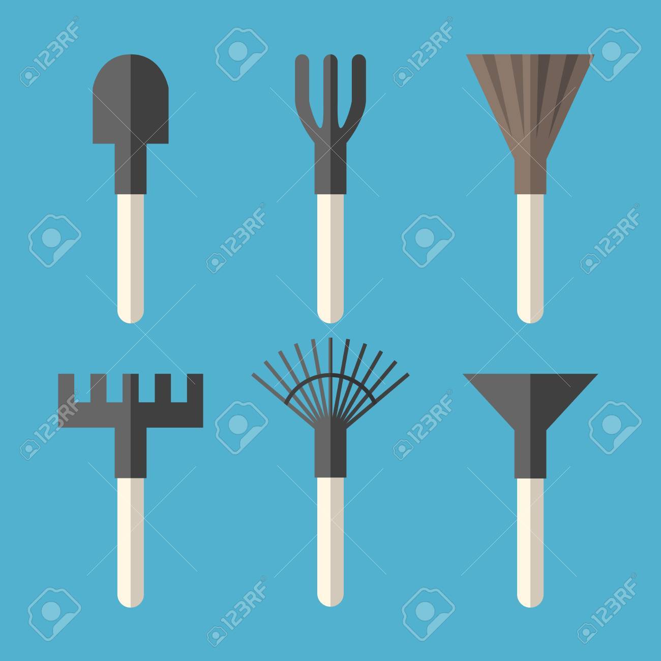 様々 なガーデニング ツール セット 踏鋤は リッパー ほうき 熊手 ファン熊手 青の背景に分離した鍬 のイラスト素材 ベクタ Image