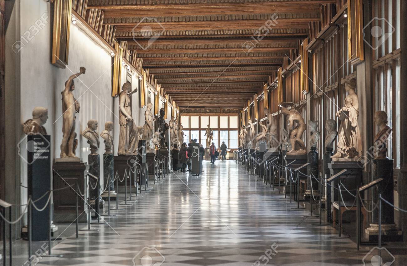 FLORENCE, ITALY, DECEMBER 6, 2017: Corridor at the Uffizi gallery in Florence - 98825981 FLORENCE, ITALY, DECEMBER 6, 2017: Corridor at the Uffizi gallery in Florence - 98825981