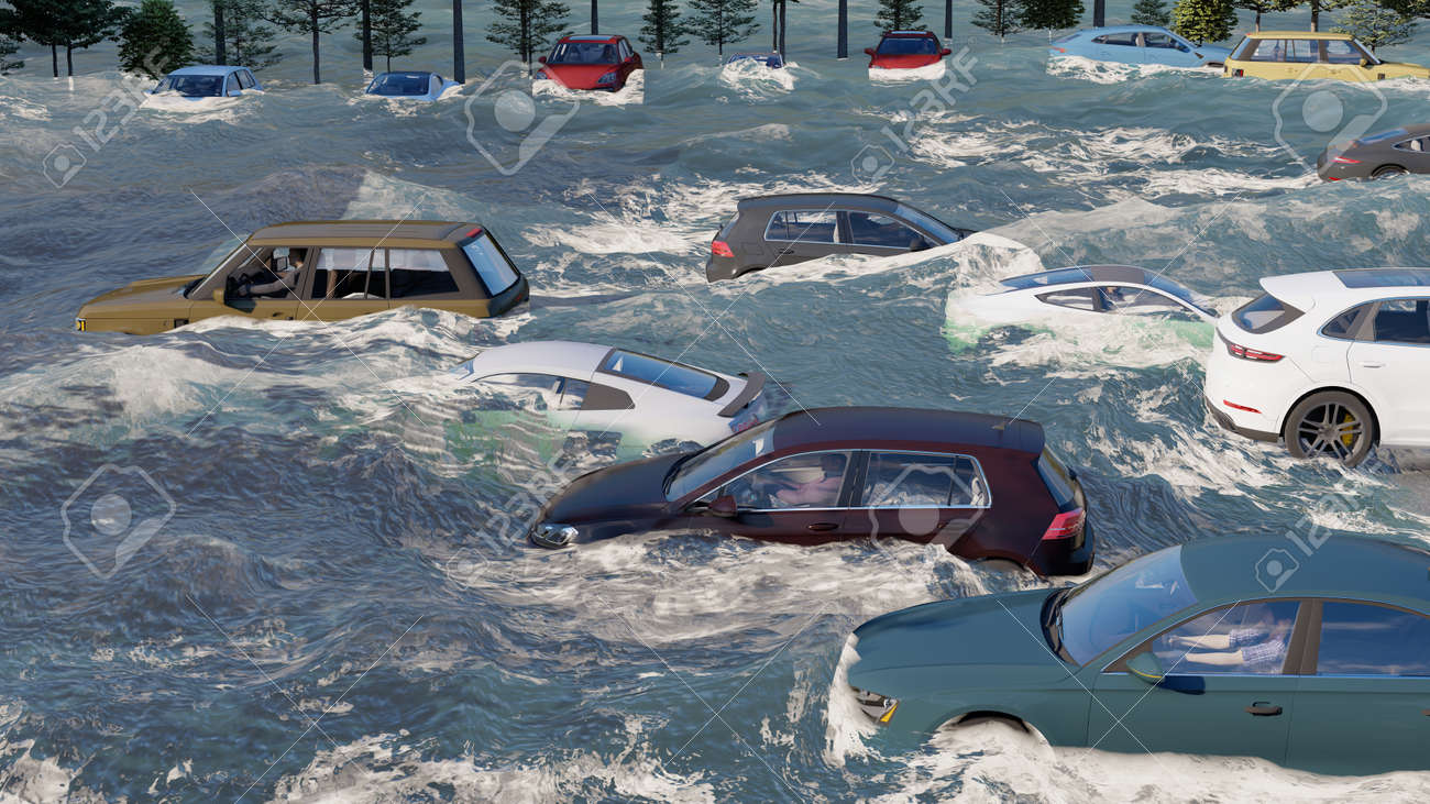 flooded road during a flood caused by heavy rain 3d rendering - 151566016 flooded road during a flood caused by heavy rain 3d rendering - 151566016