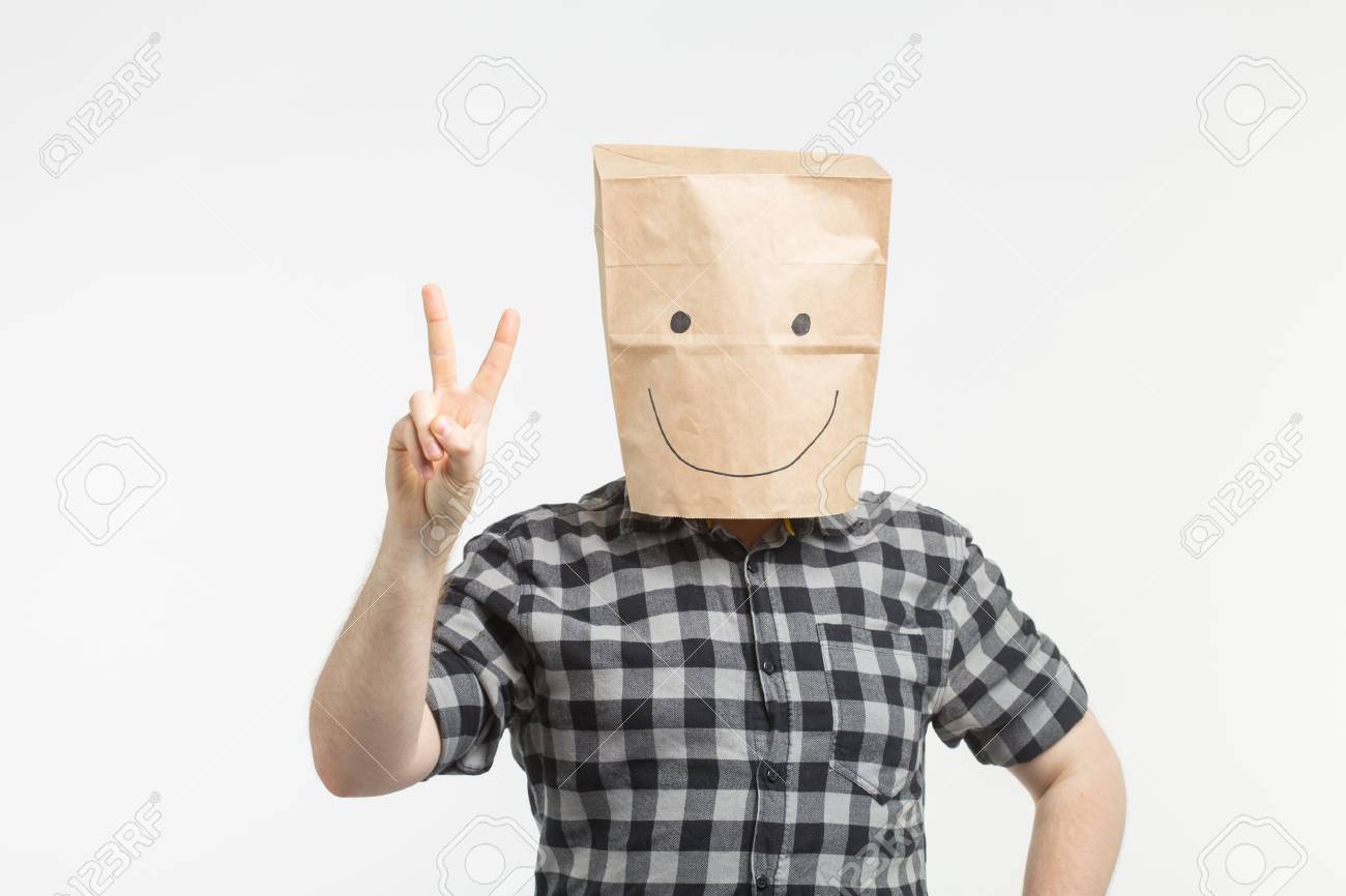 men in paper bag mask showing peace stock photo picture and royalty