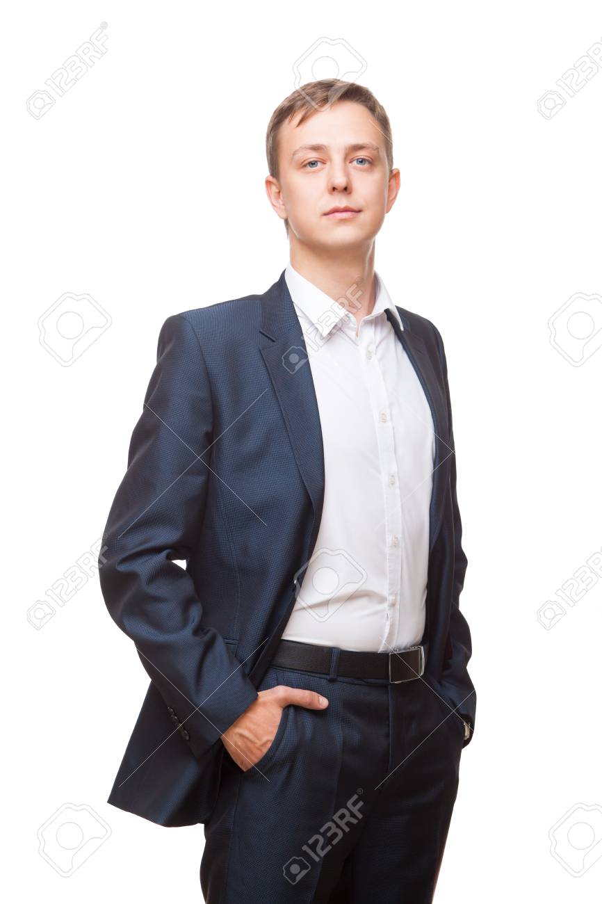 Jovem Bonito Homem Negocios Em Terno Preto E Ficar Direito E Por Seu Maos Bolsos Retrato Isolado Branco Fundo Fotos Retratos Imagenes Y Fotografia De Archivo Libres De Derecho Image 74712898