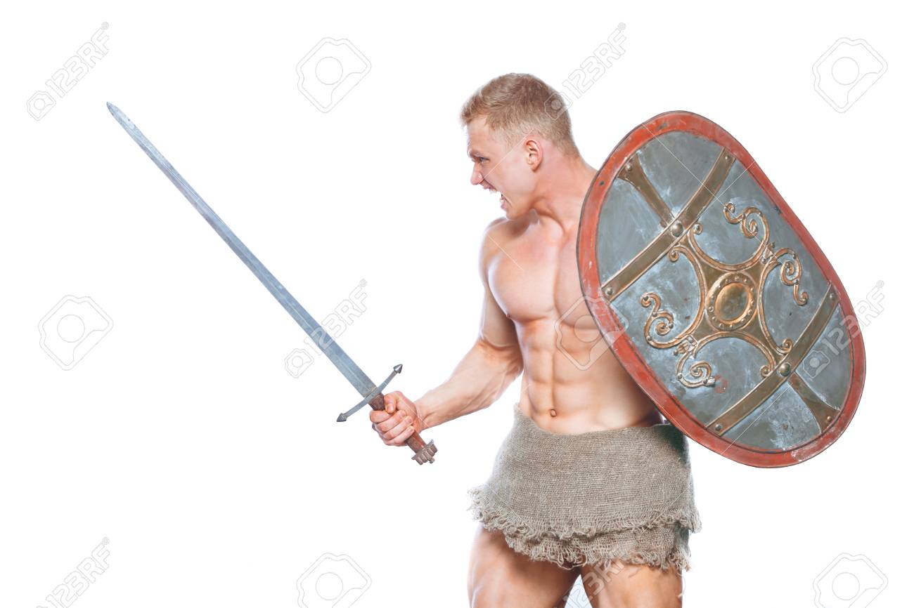 images Sword And Shield Action Poses bodybuilder man posing with a sword and shield isolated on white